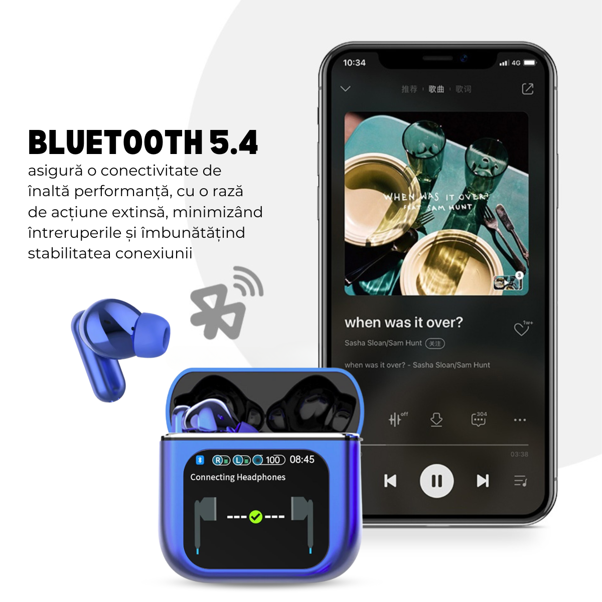 Casti Wireless In Ear, Carcasa cu Touch Screen, Bluetooth 5.4, Control Tactil, Anulare Zgomot ANC + ENC, Albastru
