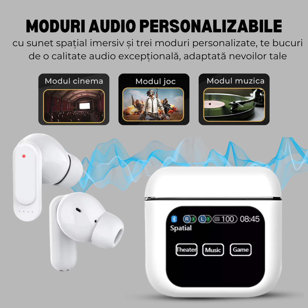 Casti Wireless In Ear, Carcasa cu Touch Screen, Bluetooth 5.4, Control Tactil, Anulare Zgomot ANC + ENC, Alb