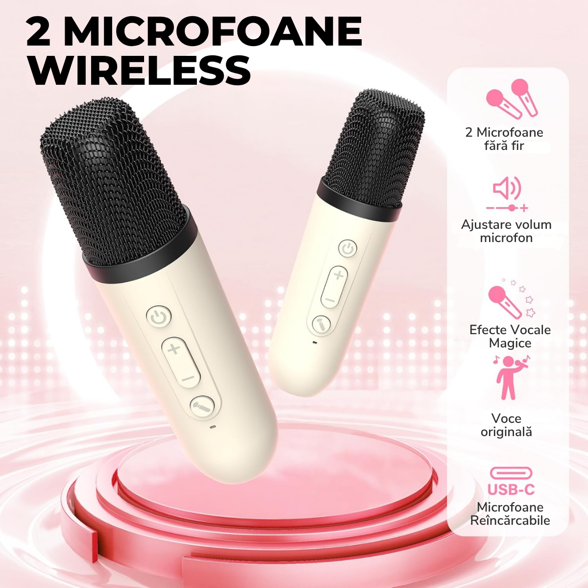 Set Karaoke cu Boxa Bluetooth si 2 Microfoane Wireless, Lumini LED RGB Dinamice, Incarcare Type-C, Port AUX, Slot Card TF, Crem, easyCTRL®