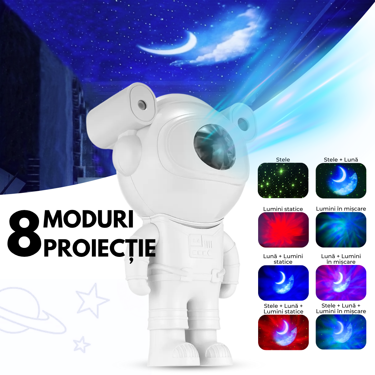 Proiector Galaxie Astronaut, Boxa Bluetooth, Lampa de veghe, Suport Magnetic Reglabil 360°, Brate Mobile, Alb