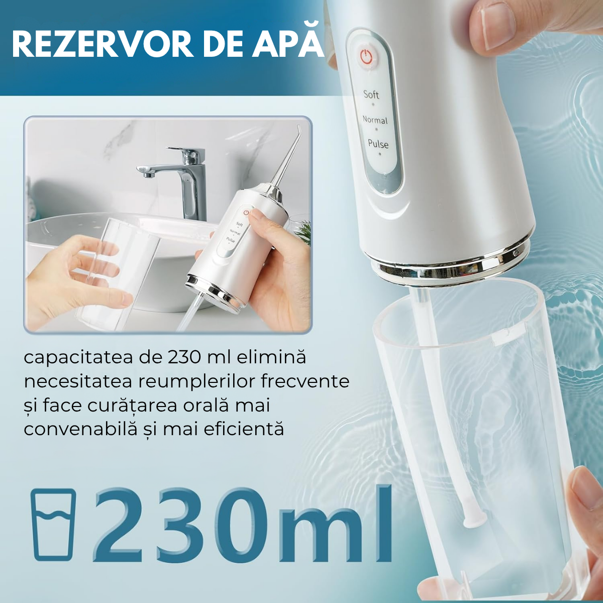 Irigator Bucal Profesional, Dus Bucal Portabil, 4 Capete, 3 Moduri de Curatare, Rezervor 230ml, Roz