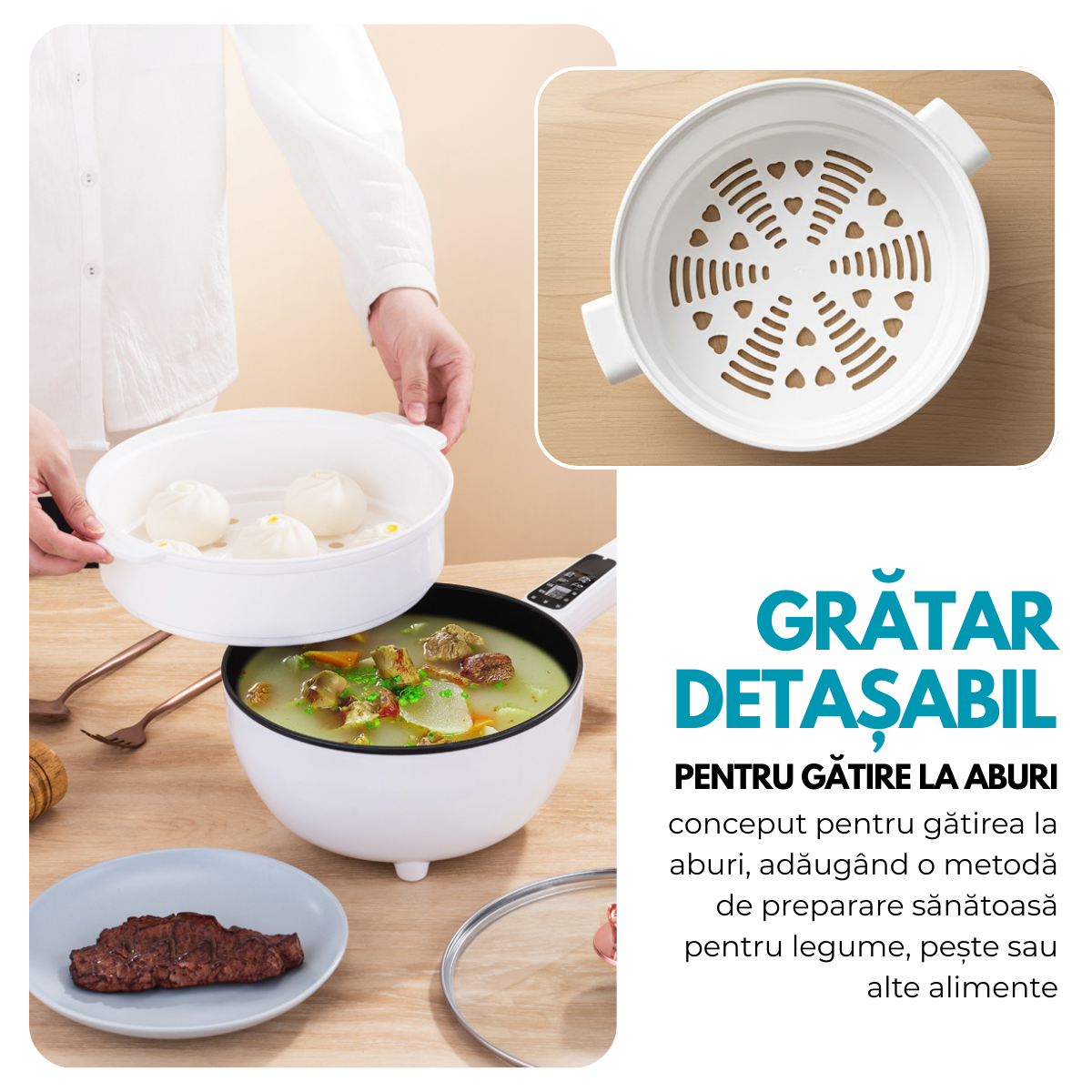 Tigaie Electrica Inteligenta, Multifunctionala, Capacitate 3L, Panou Control Digital, 1000W, Prajire, Fierbere, Sotare, Gatire la Aburi, Mentinerea Caldurii, Diametru 24 cm