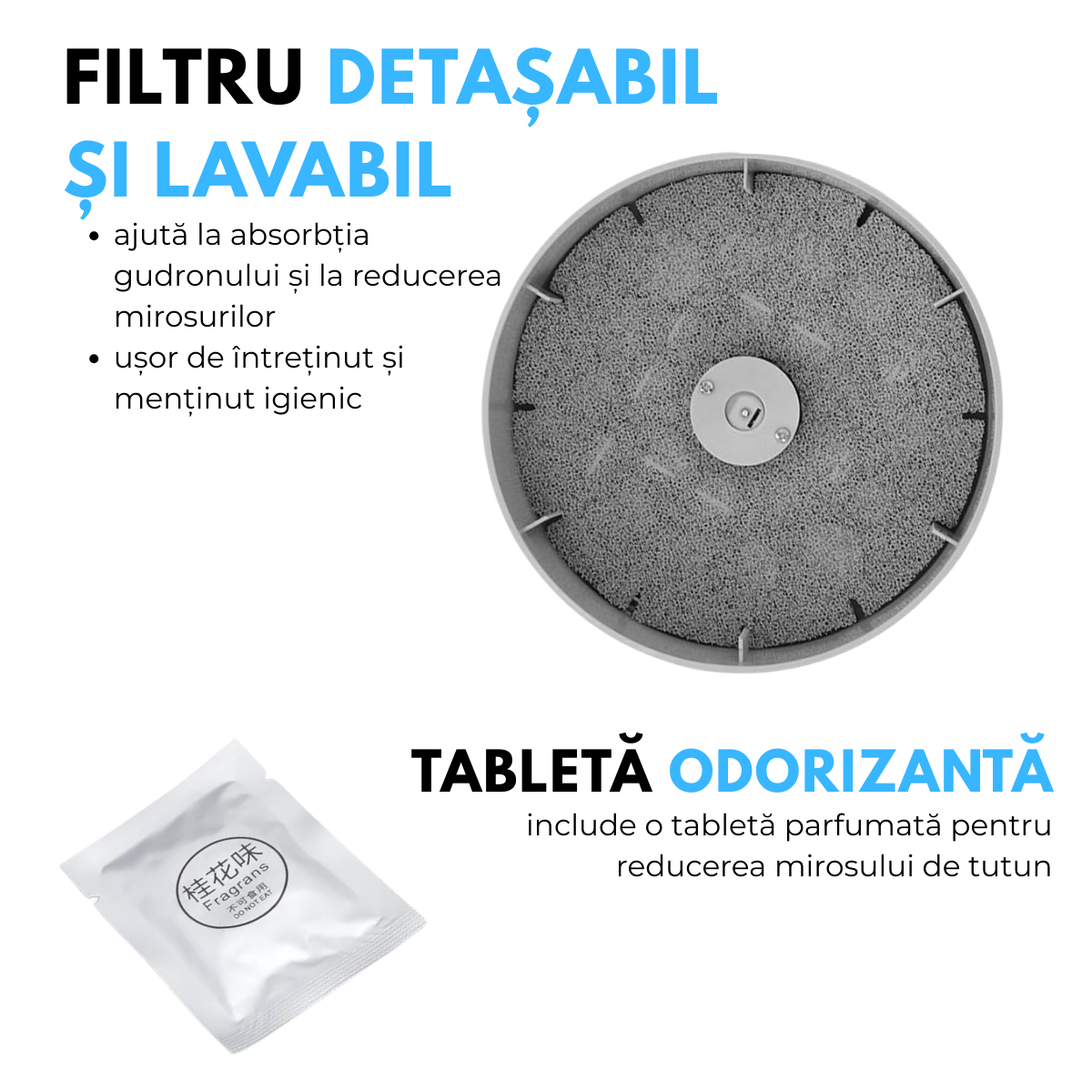 Pachet 1 + 1 Scrumiera Electrica Multifunctionala 3-in-1, Aspirare Fum 360°, Purificare Aer, Tableta Odorizanta, Oprire Automata, Alimentare pe Baterii, easyCTRL®