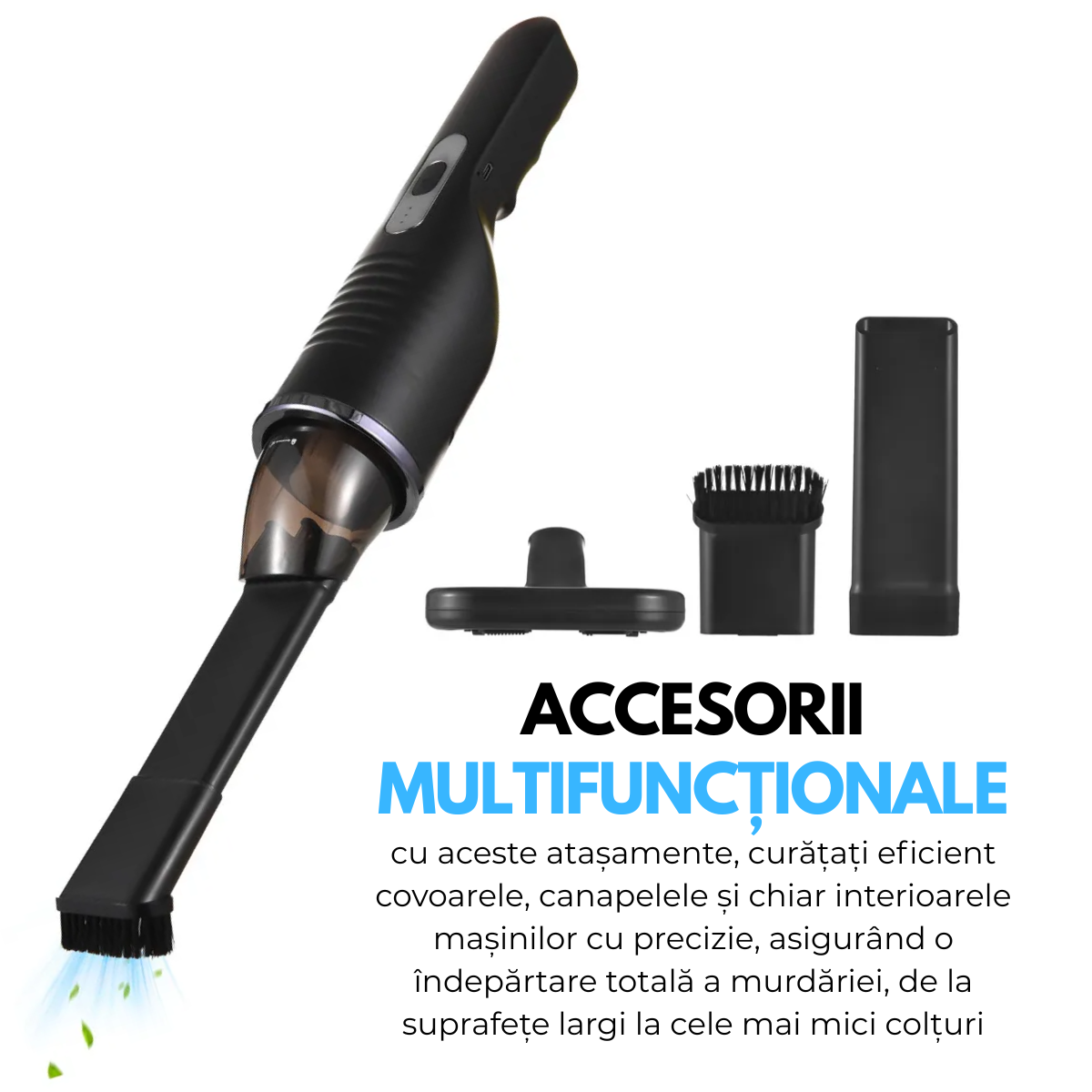 Aspirator de mana fara fir, Portabil, Acumulator 2000mAh, pentru Casa, Masina, Birou, 80W, Filtru HEPA, Accesorii Multifunctionale