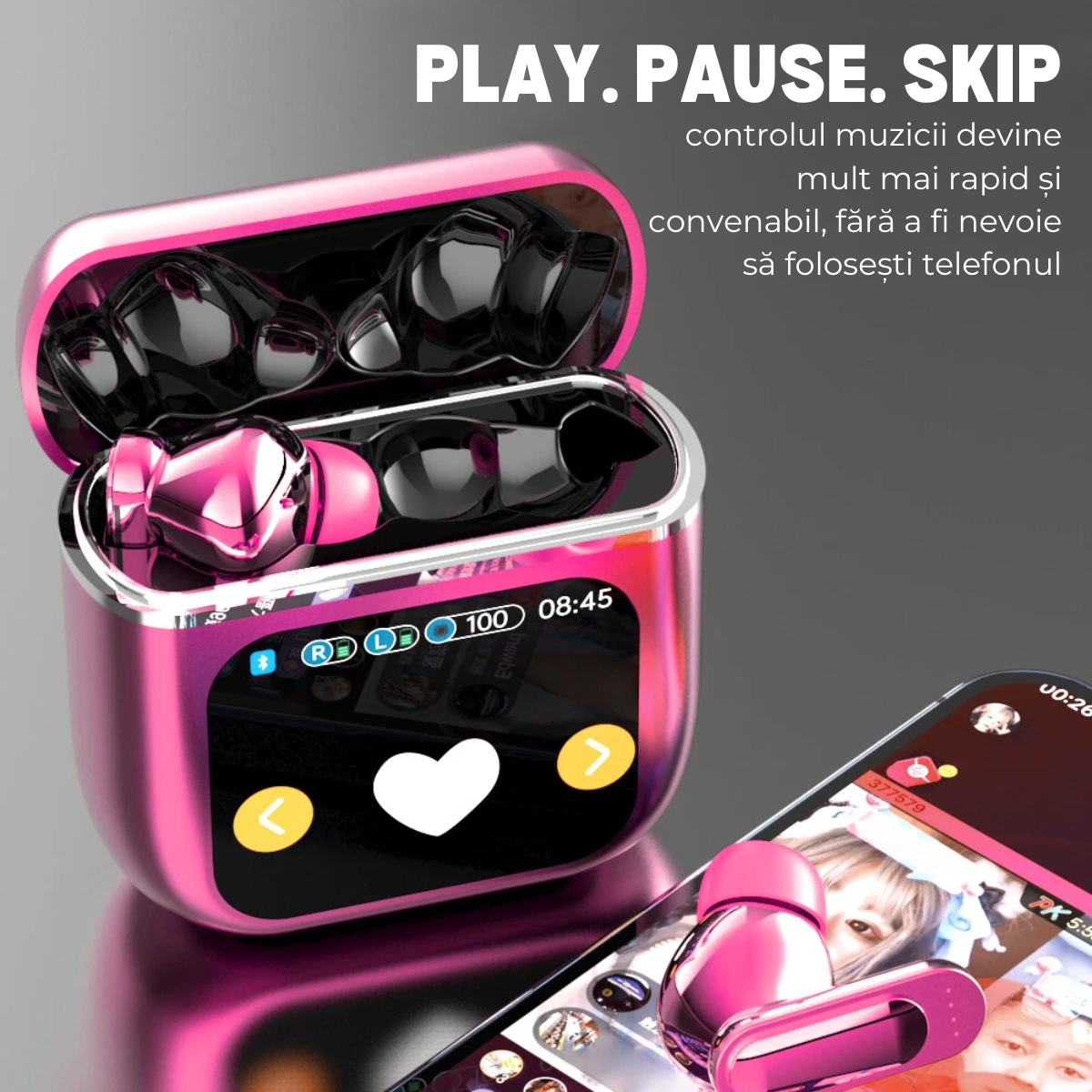 Casti Wireless In Ear, Carcasa cu Touch Screen, Bluetooth 5.4, Control Tactil, Anulare Zgomot ANC + ENC, Mov