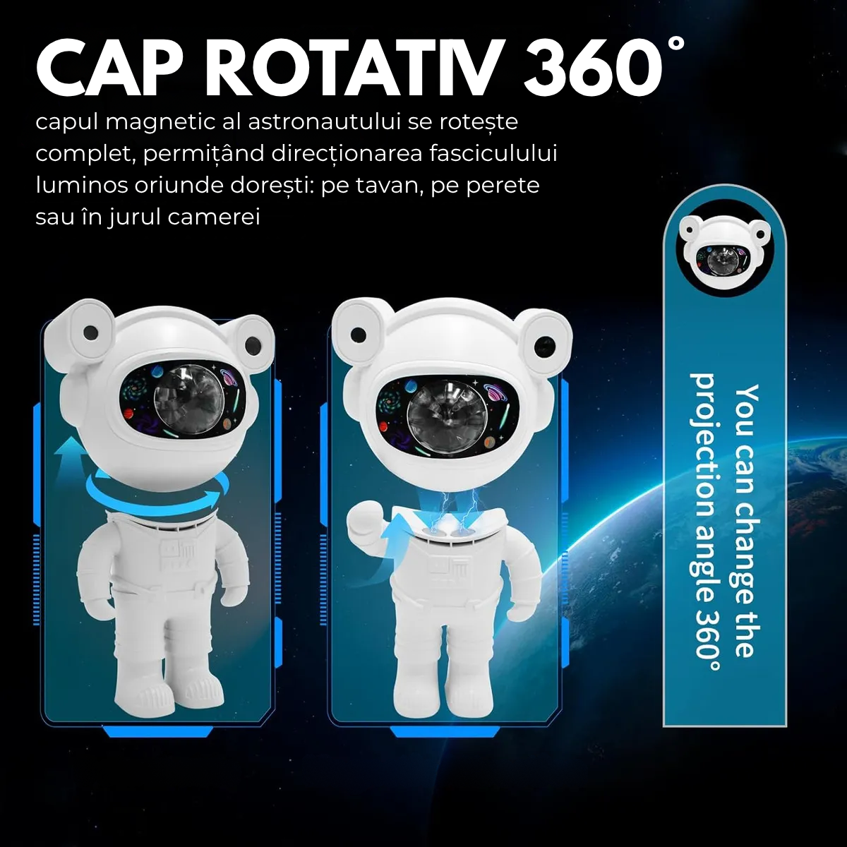 Proiector Galaxie Astronaut, Boxa Bluetooth, Lampa de veghe, Suport Magnetic Reglabil 360°, Brate Mobile, Alb