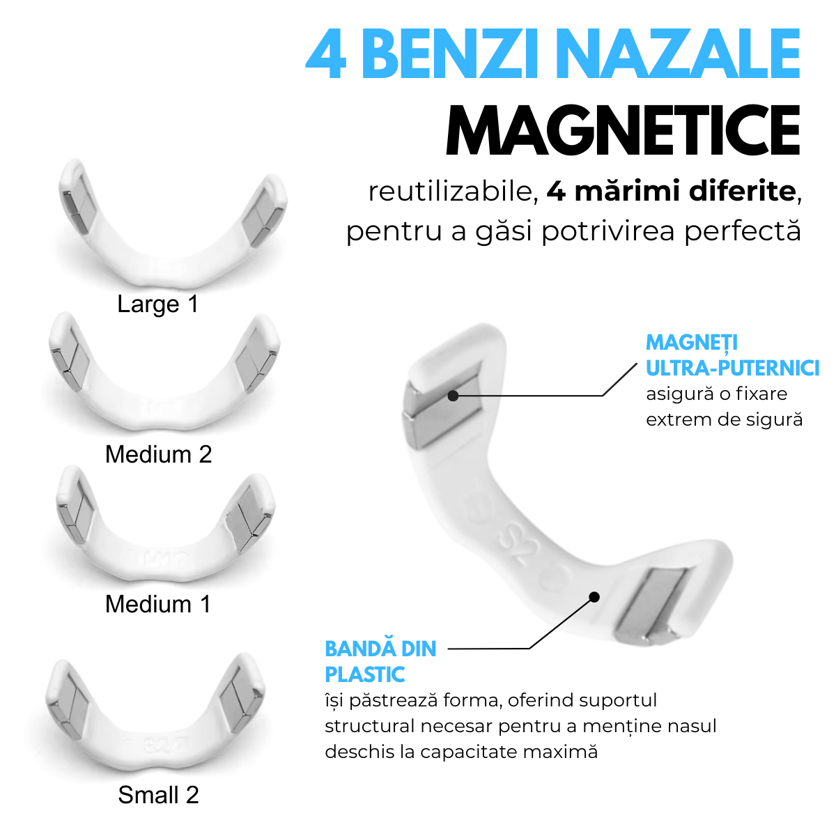 Set Benzi Nazale Magnetice, pentru Imbunatatirea Respiratiei, Somnului, Reducerea Sforaitului, 4 Marimi Diferite, 30 Plasturi, Aplicator