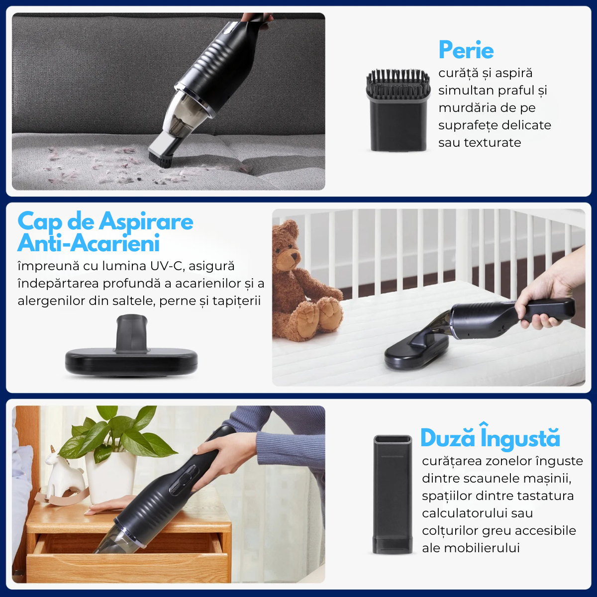 Aspirator de mana fara fir, Portabil, Acumulator 2000mAh, pentru Casa, Masina, Birou, 80W, Filtru HEPA, Accesorii Multifunctionale