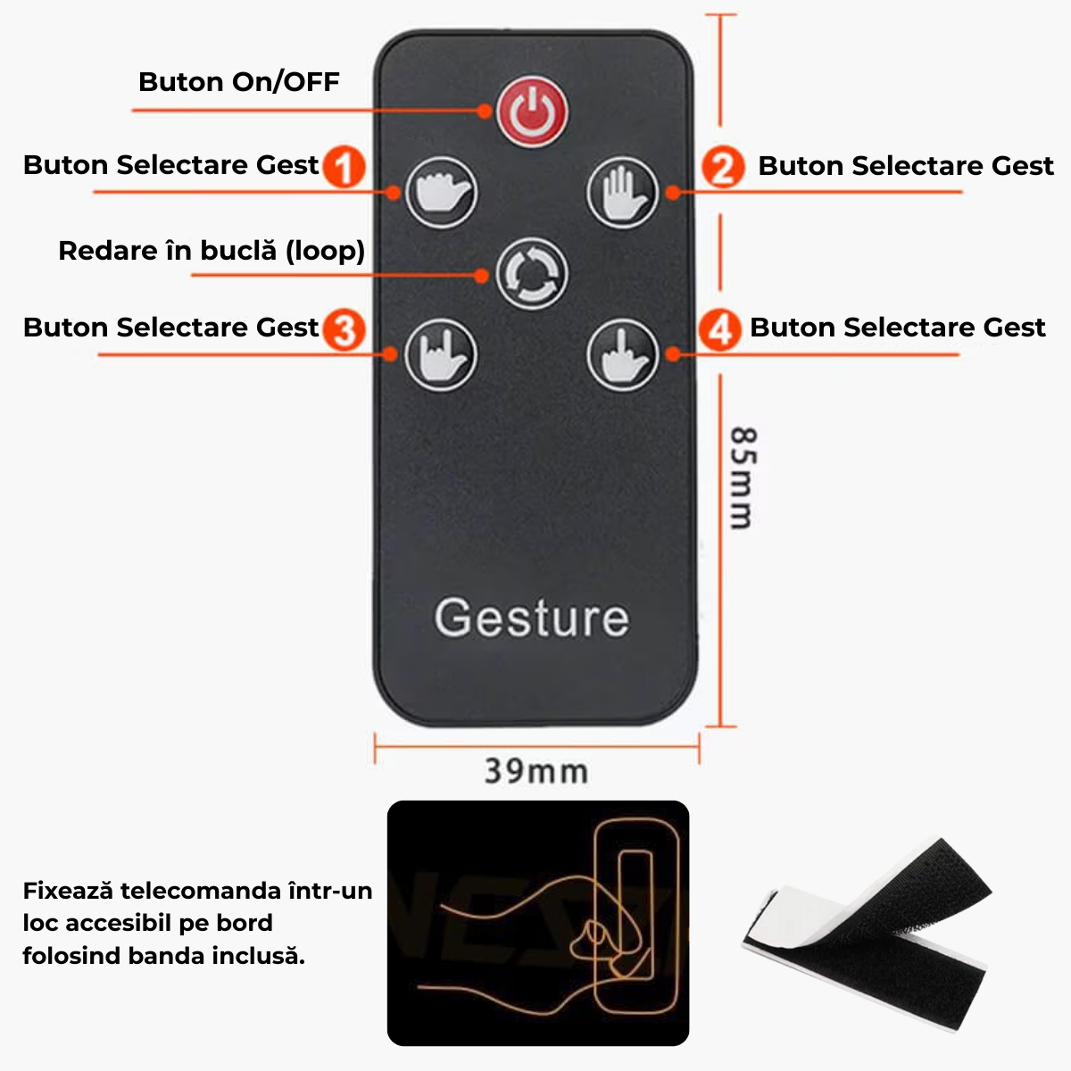 Semn LED Auto cu Telecomanda, 4 Gesturi Interactive, Alimentare cu Baterii, Fixare cu benzi velcro autoadezive