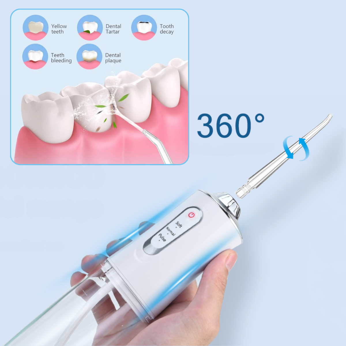 Irigator Bucal Profesional, Dus Bucal Portabil, 4 Capete, 3 Moduri de Curatare, Rezervor 230ml, Roz