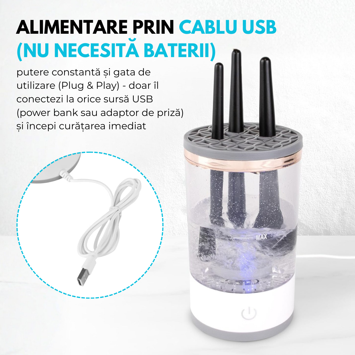 Aparat Electric Curatare Pensule Machiaj, Pad Silicon, Viteza 7000 RPM, Putere 8W, Alimentare USB, pentru toate tipurile de pensule