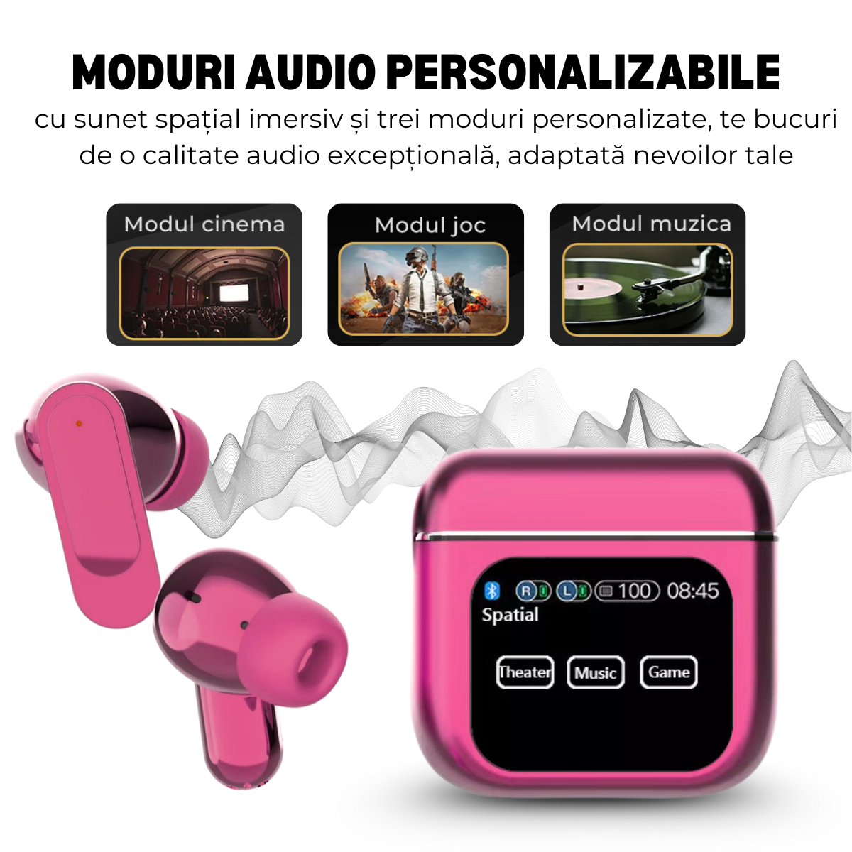 Casti Wireless In Ear, Carcasa cu Touch Screen, Bluetooth 5.4, Control Tactil, Anulare Zgomot ANC + ENC, Mov