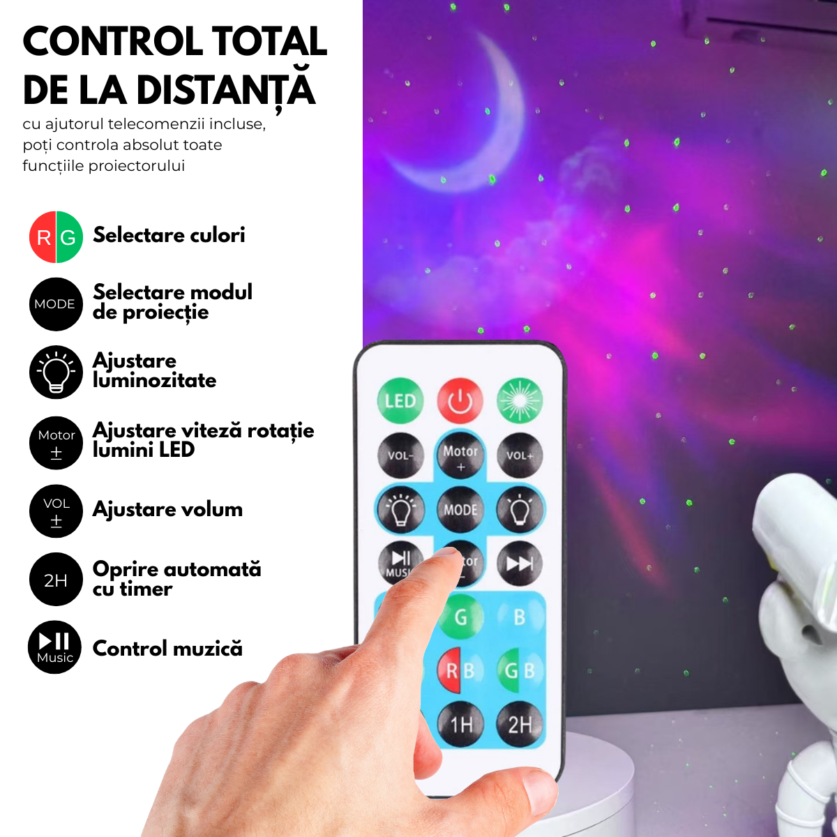 Proiector Galaxie Astronaut, Boxa Bluetooth, Lampa de veghe, Suport Magnetic Reglabil 360°, Brate Mobile, Alb