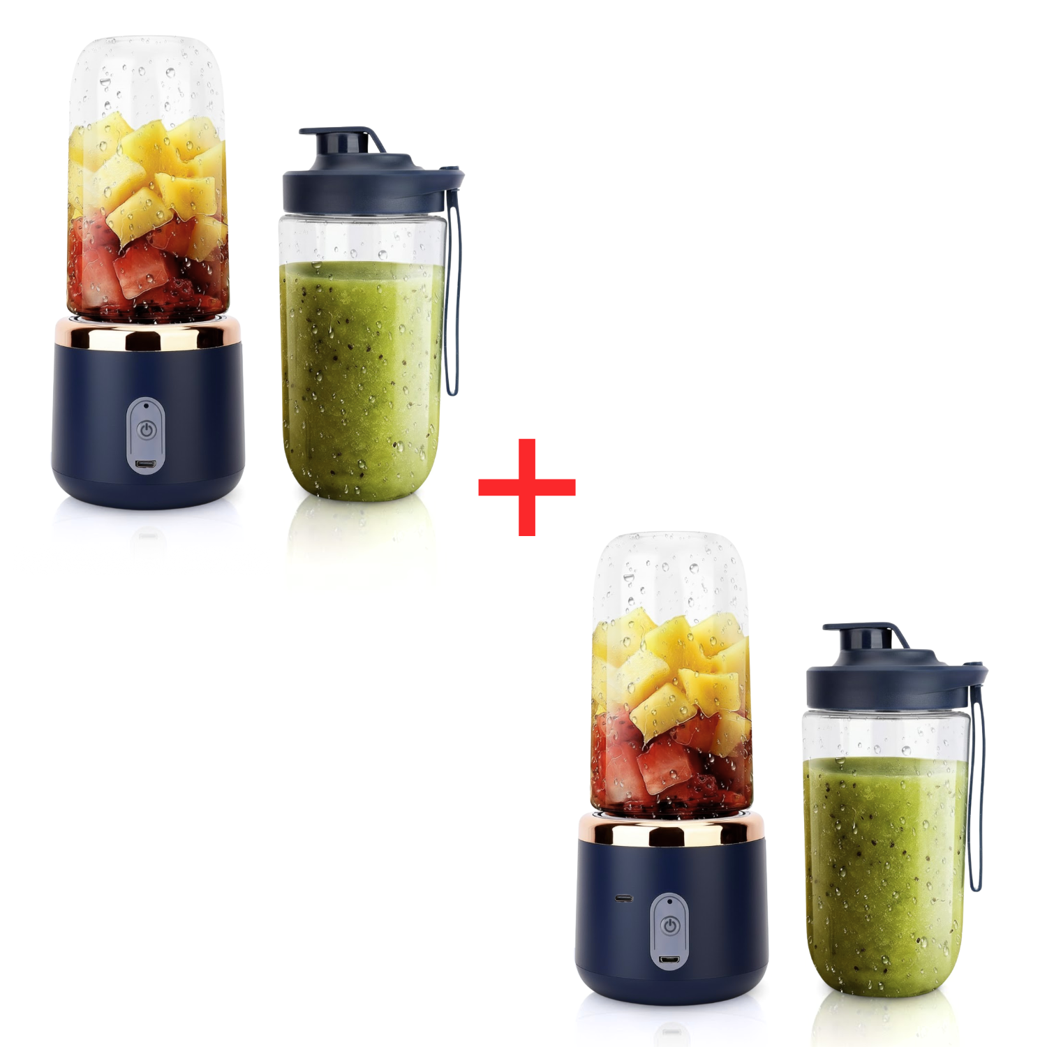 1 + 1 Blender Portabil, 2 Recipiente, 400 ml, 6 Lame 3D, USB-C reincarcabil, 45W, Capac Inclus, Bleumarin, easyCTRL®