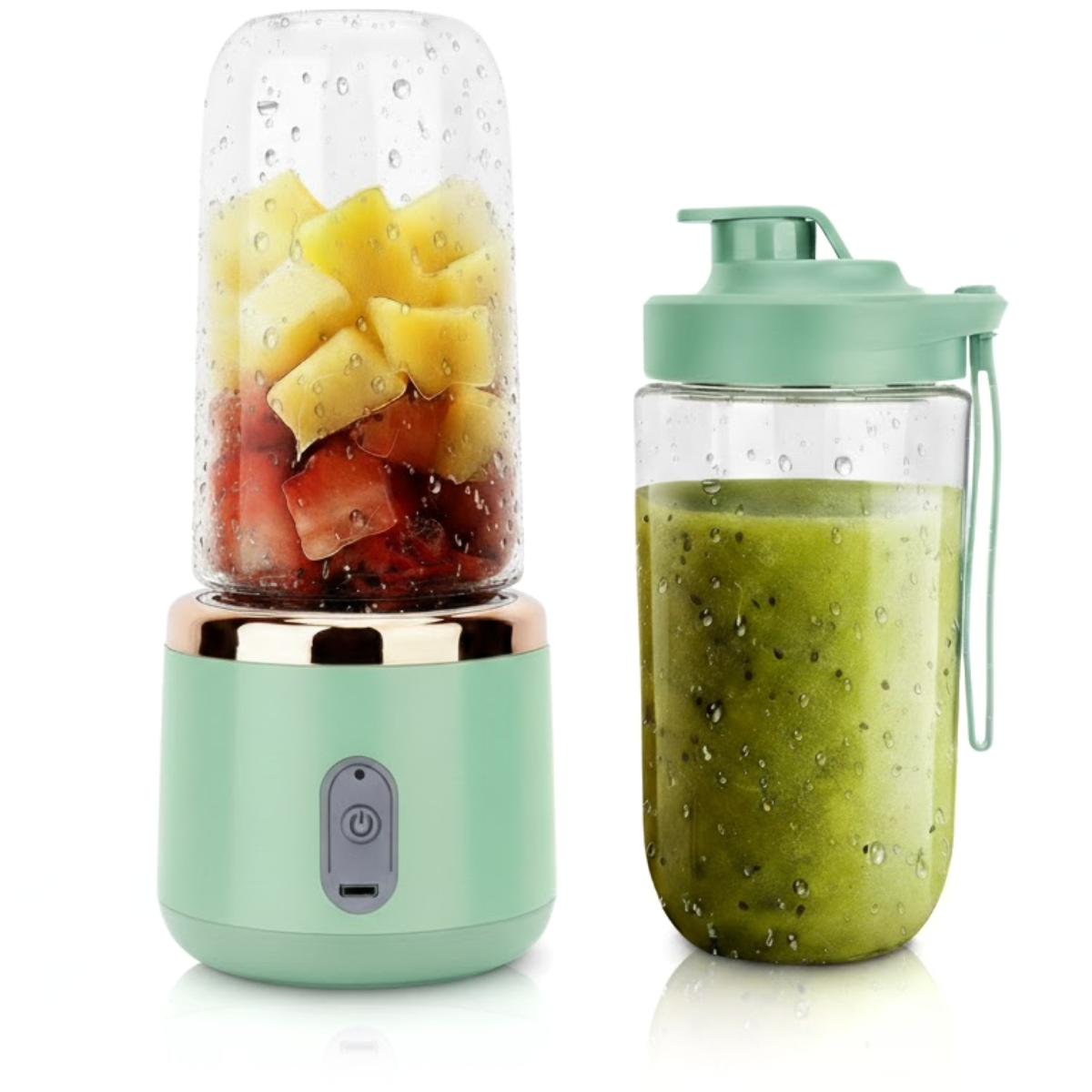 1 + 1 Blender Portabil, 2 Recipiente, Diferite culori, 400 ml, 6 Lame 3D, USB-C reincarcabil, 45W, Capac Inclus, Turcoaz