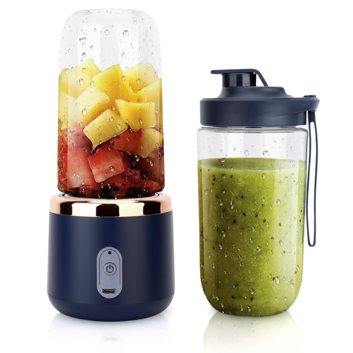 1 + 1 Blender Portabil, 2 Recipiente, 400 ml, 6 Lame 3D, USB-C reincarcabil, 45W, Capac Inclus, Bleumarin, easyCTRL®