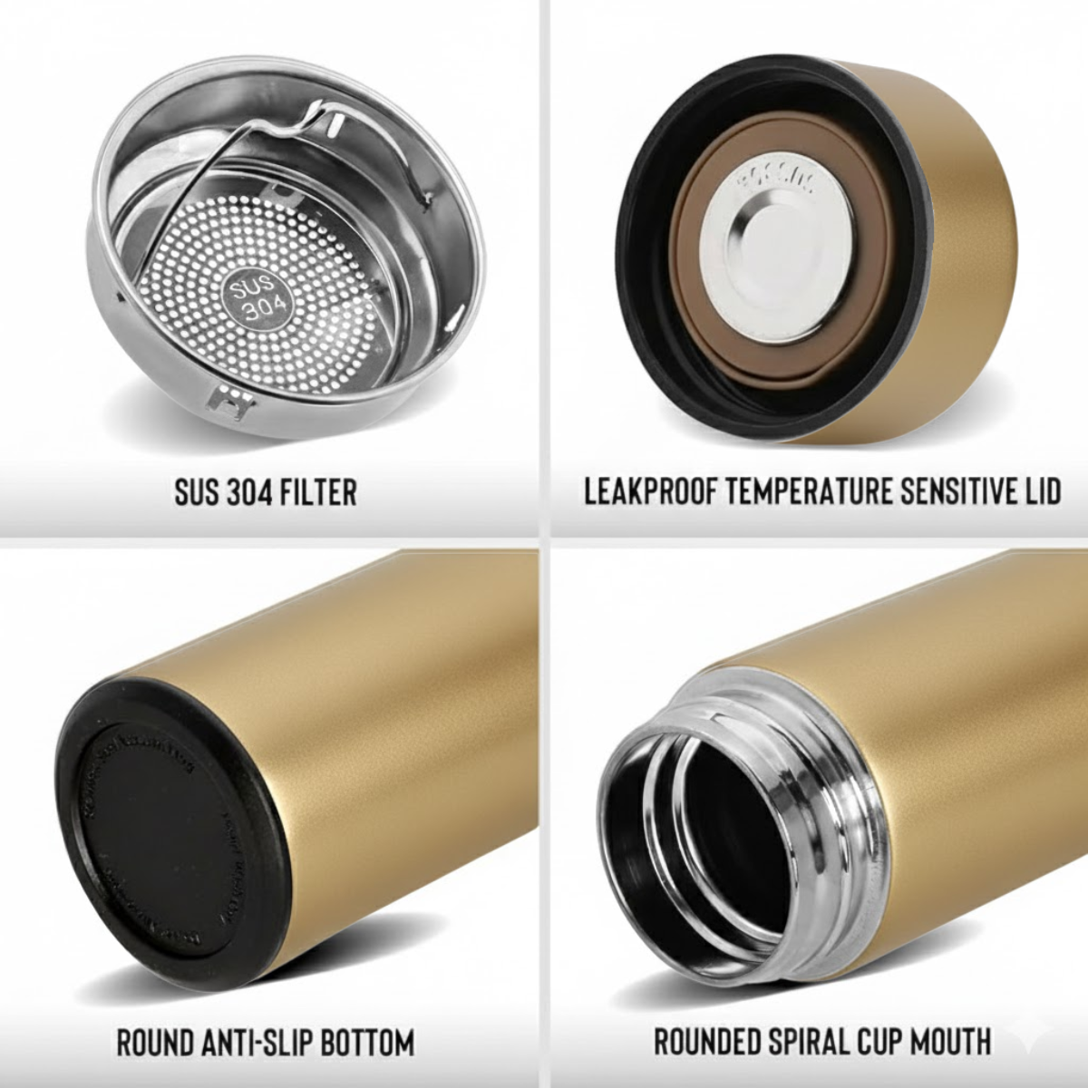 Termos Inteligent cu Afisaj LED Temperatura, Senzor Touchscreen, Infuzor de ceai, 500ml, Otel Inoxidabil, Auriu, easyCTRL®