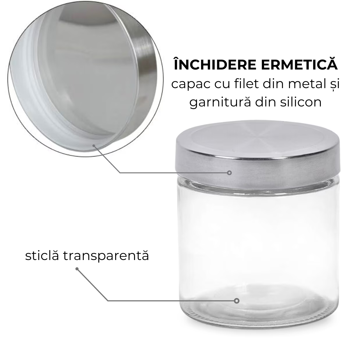 Set 5 borcane depozitare alimente din sticla, capac metalic cu inchidere ermetica, 300 ml