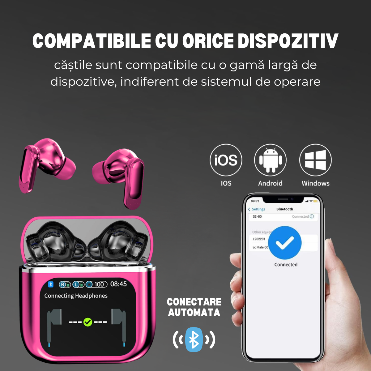 Casti Wireless In Ear, Carcasa cu Touch Screen, Bluetooth 5.4, Control Tactil, Anulare Zgomot ANC + ENC, Mov