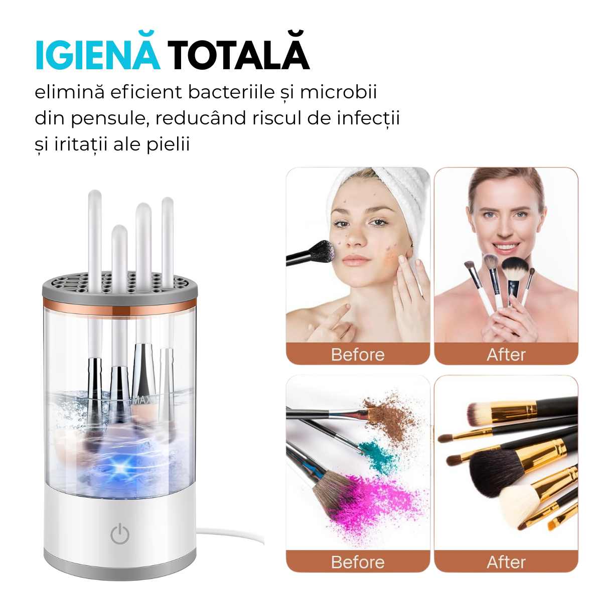 Aparat Electric Curatare Pensule Machiaj, Pad Silicon, Viteza 7000 RPM, Putere 8W, Alimentare USB, pentru toate tipurile de pensule