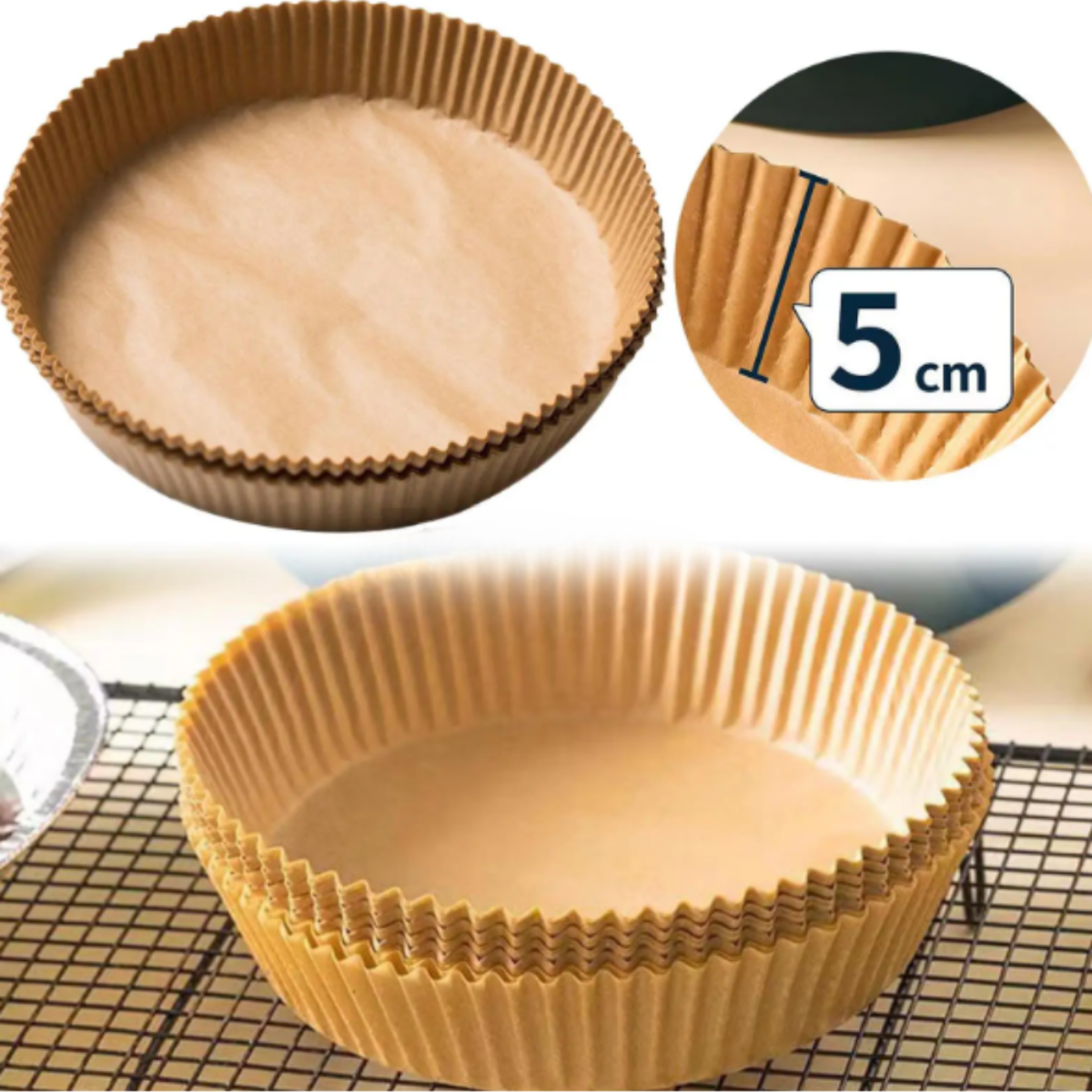 Set 50 Hartii de Copt, pentru Airfryer, Antiaderent, Rezistent la Caldura, Unica Folosinta, Model Rotund, 20 x 4,5, Maro