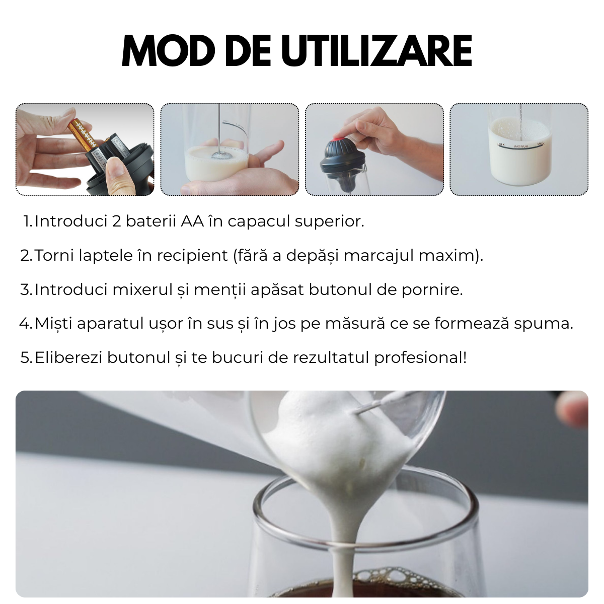 Aparat electric spumare lapte, Portabil, Sticla borosilicata, 450 ml, Alimentare cu baterii