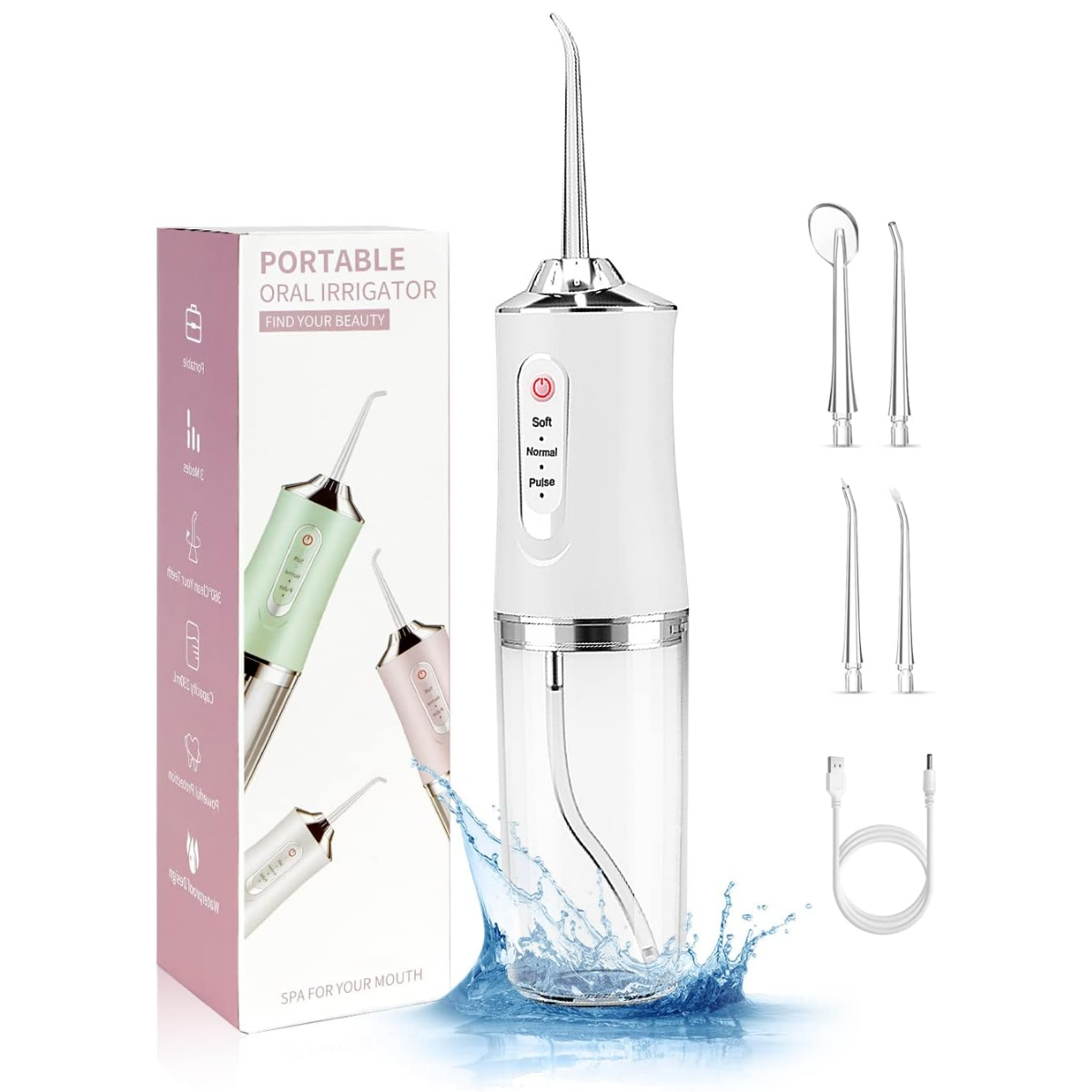 Irigator Bucal Profesional, Dus Bucal Portabil, 4 Capete, 3 Moduri de Curatare, Rezervor 230ml, Roz