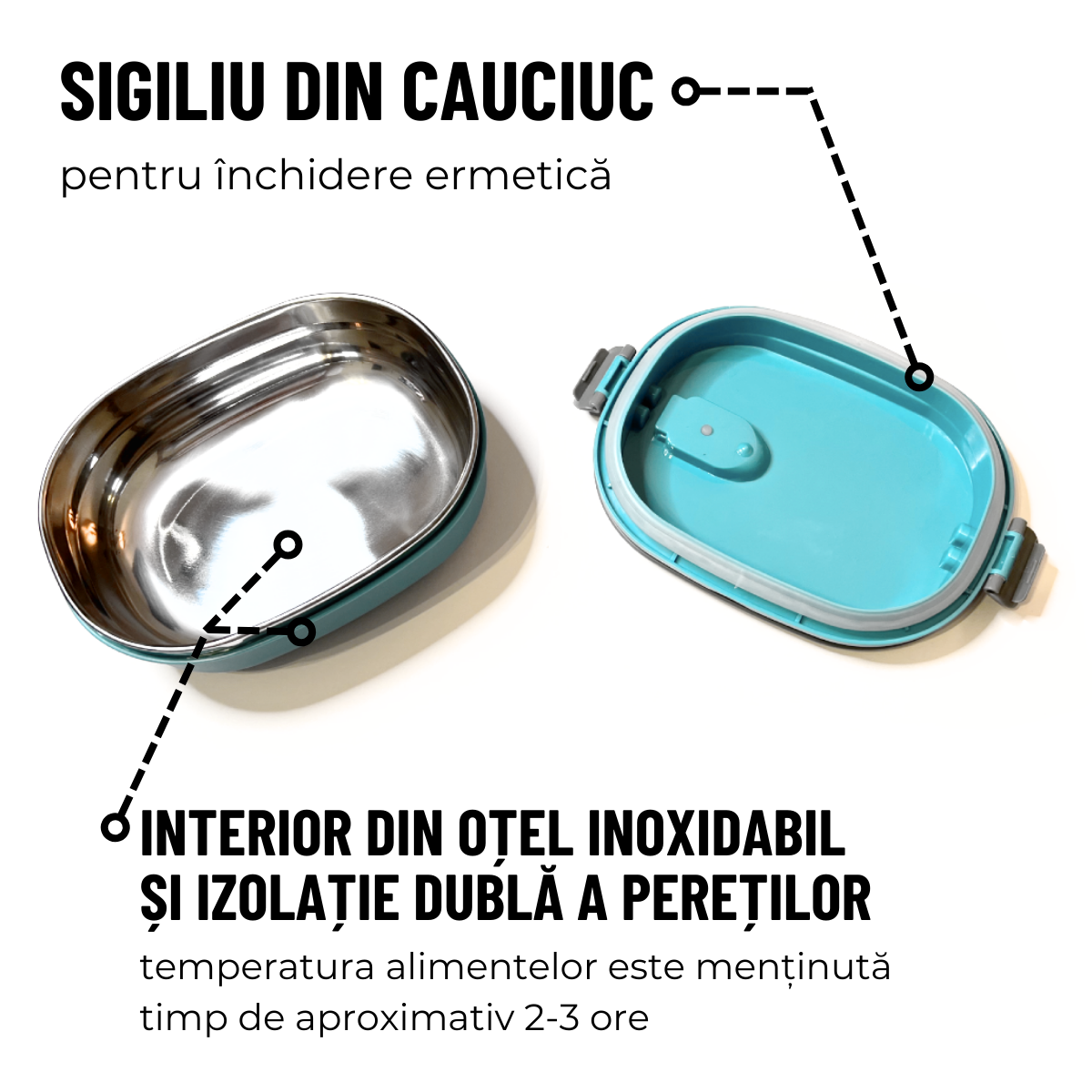 Caserola termica alimentara din otel inoxidabil cu capac si manere, 700ml, Turcoaz