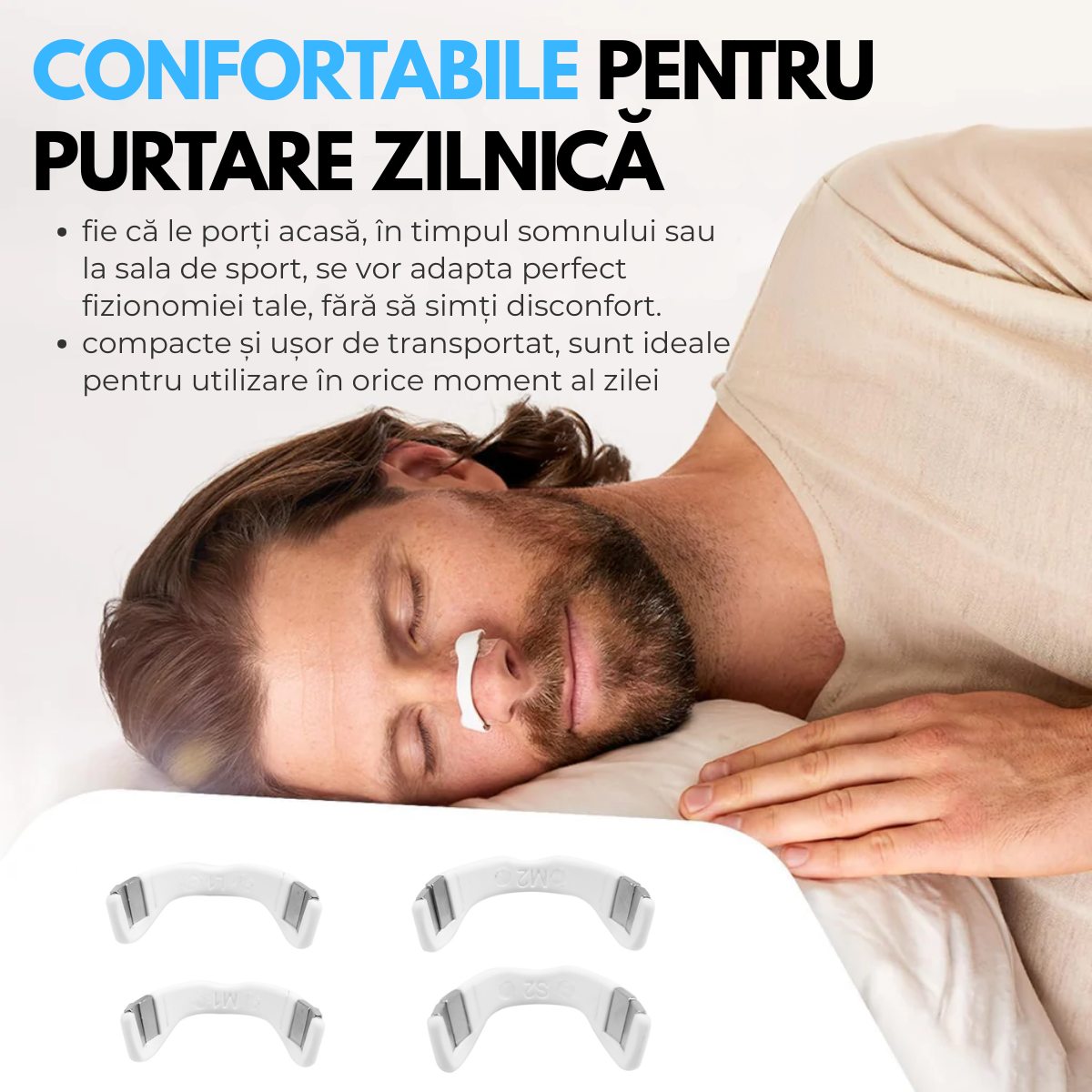 Set Benzi Nazale Magnetice, pentru Imbunatatirea Respiratiei, Somnului, Reducerea Sforaitului, 4 Marimi Diferite, 30 Plasturi, Aplicator