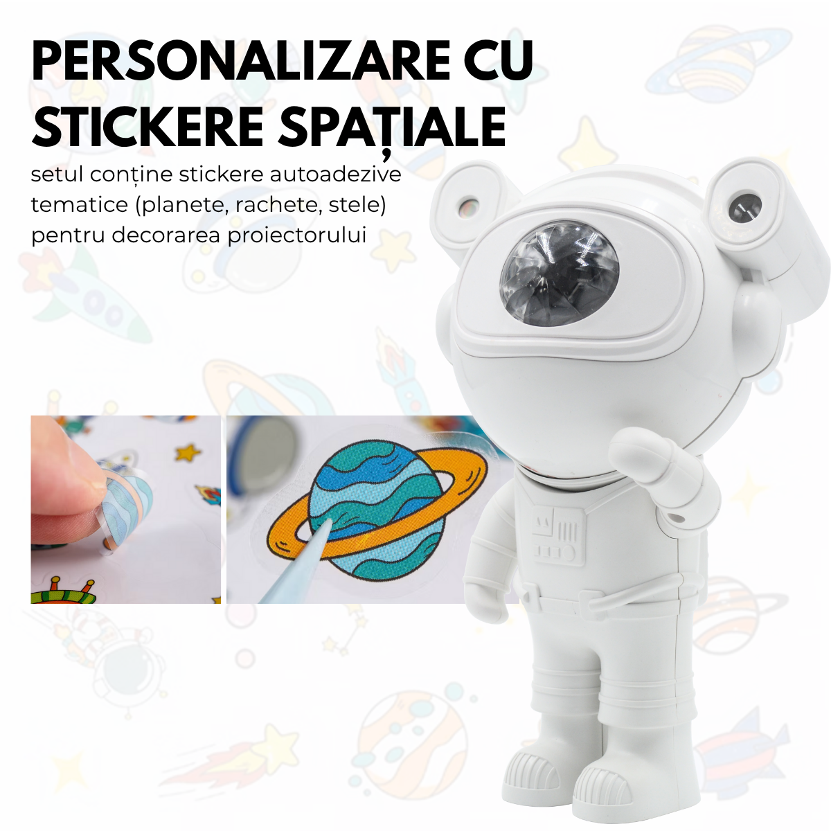 Proiector Galaxie Astronaut, Boxa Bluetooth, Lampa de veghe, Suport Magnetic Reglabil 360°, Brate Mobile, Alb