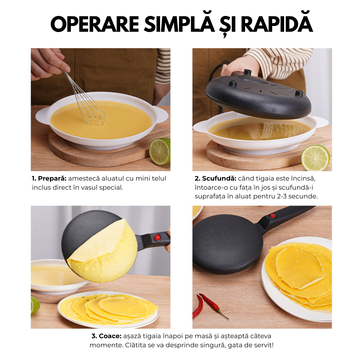 Tigaie Electrica pentru Clatite, Include Vas pentru Aluat si Mini Tel, 600W, Suprafata antiaderenta, Diametru 20cm