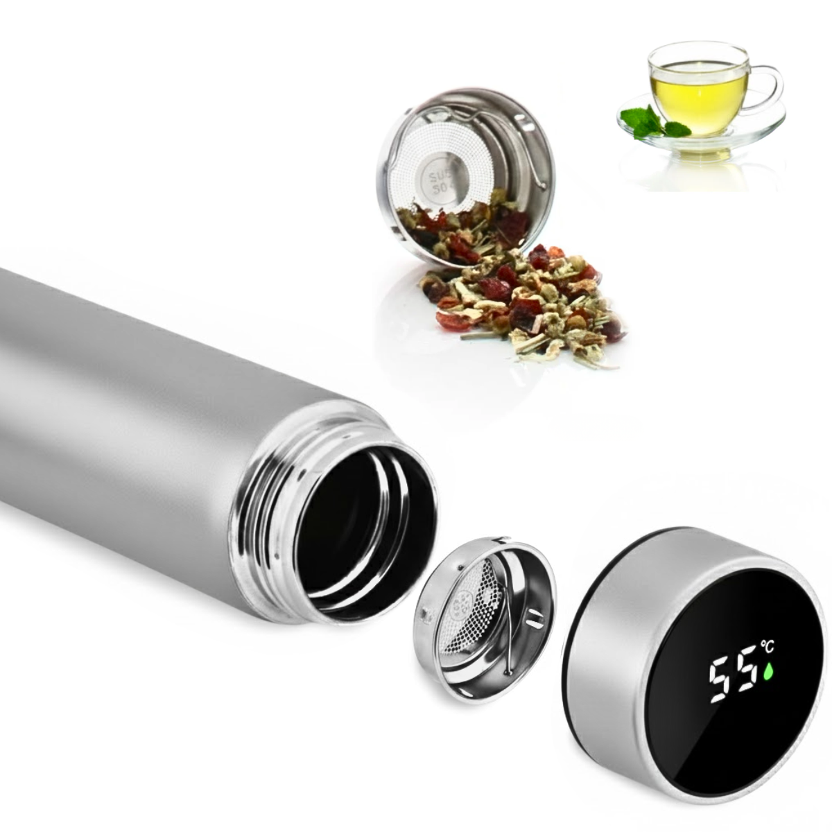 Termos Inteligent cu Afisaj LED Temperatura, Senzor Touchscreen, Infuzor de ceai, 500ml, Otel Inoxidabil, Argintiu, easyCTRL®