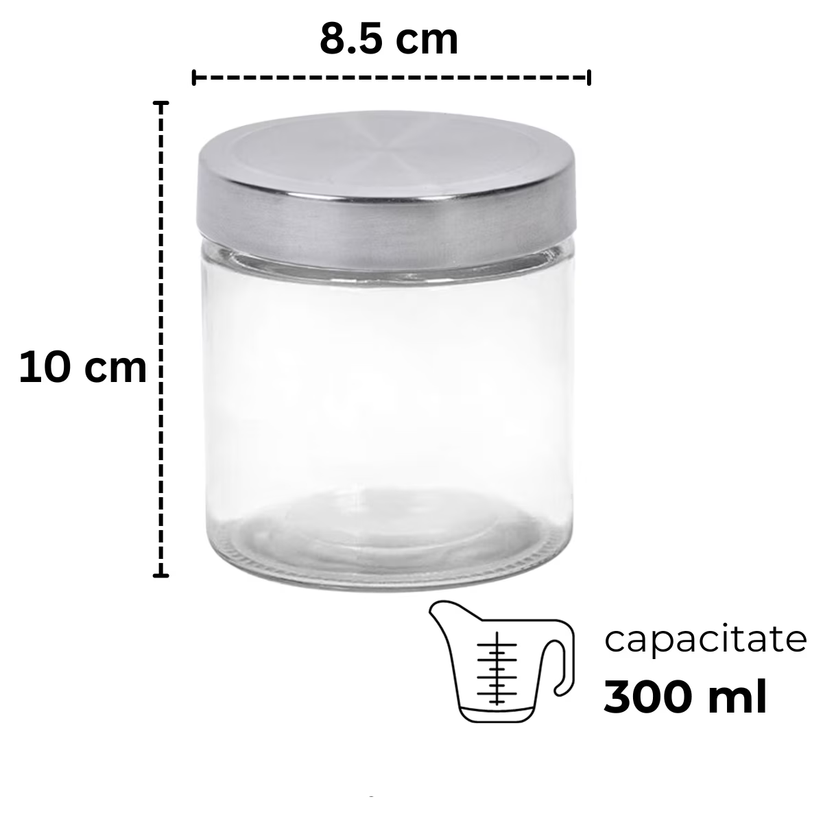Set 5 borcane depozitare alimente din sticla, capac metalic cu inchidere ermetica, 300 ml