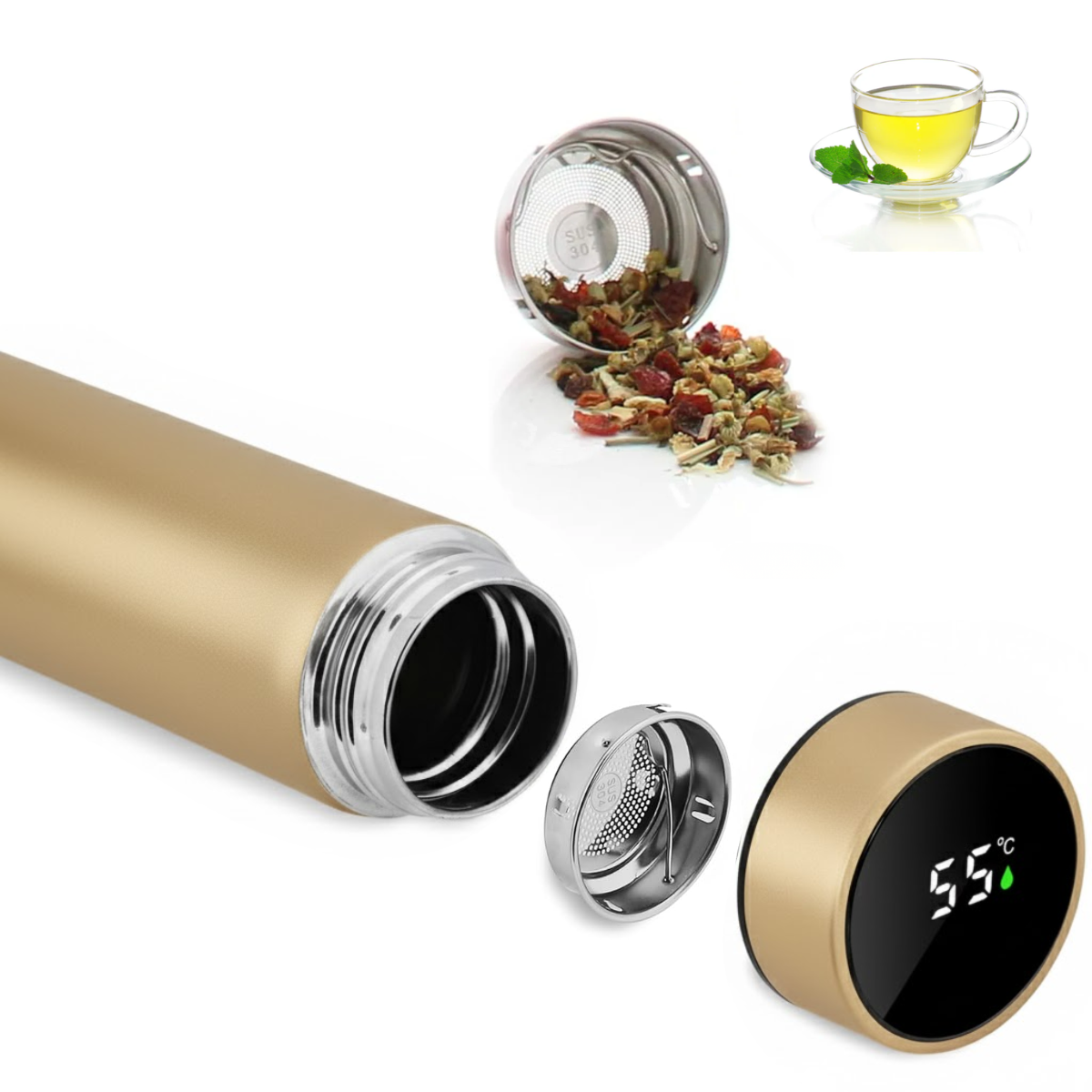 Termos Inteligent cu Afisaj LED Temperatura, Senzor Touchscreen, Infuzor de ceai, 500ml, Otel Inoxidabil, Auriu, easyCTRL®