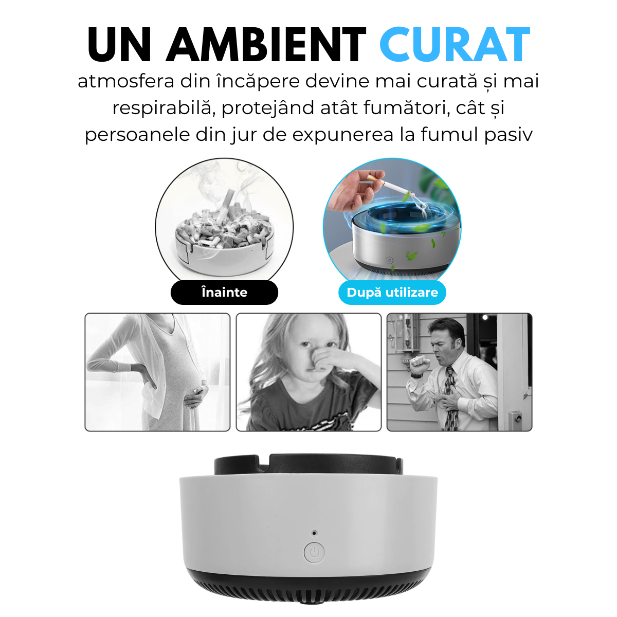 Scrumiera Electrica Multifunctionala 3-in-1, Aspirare Fum 360°, Purificare Aer, Tableta Odorizanta, Oprire Automata, Alimentare pe Baterii, easyCTRL®