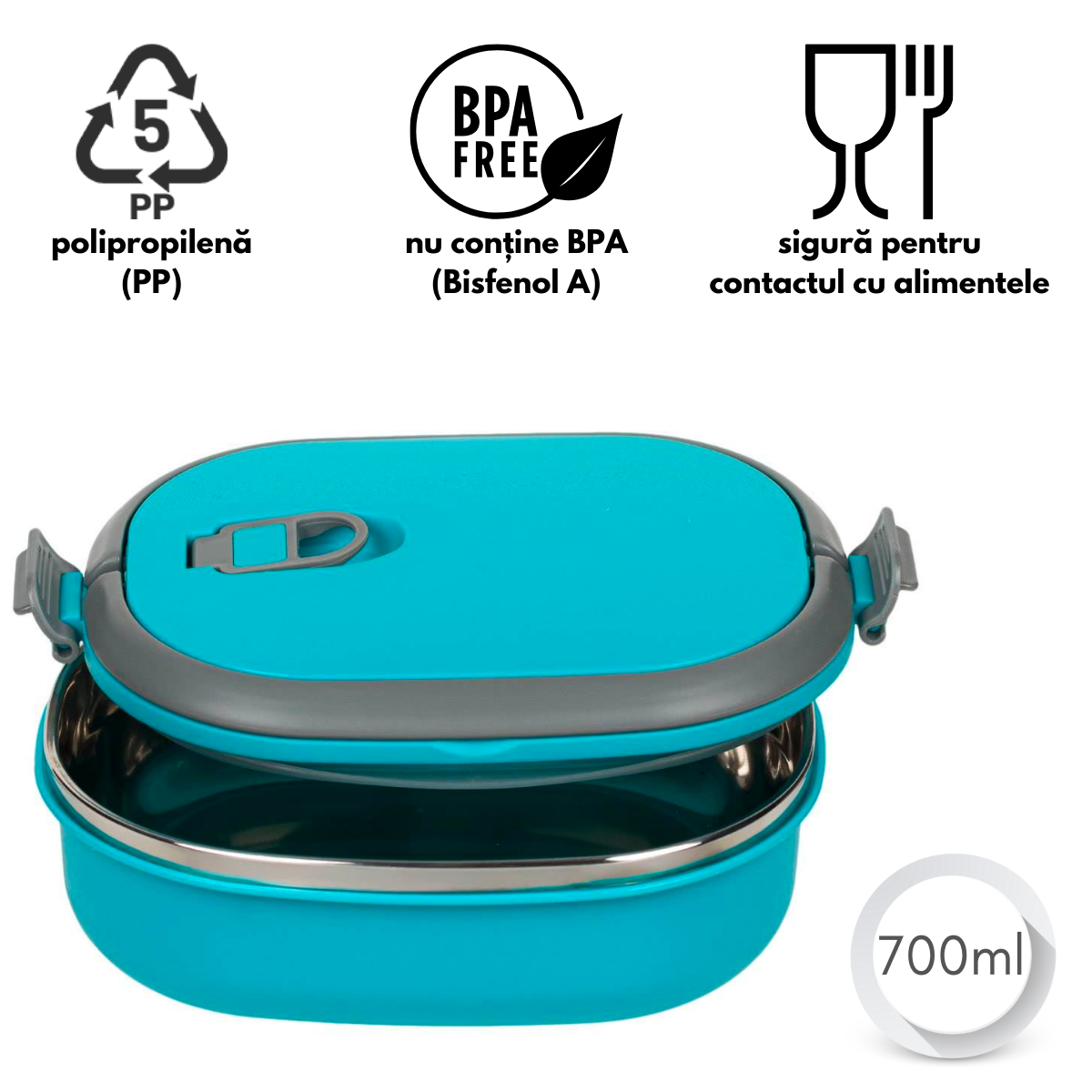 Caserola termica alimentara din otel inoxidabil cu capac si manere, 700ml, Turcoaz
