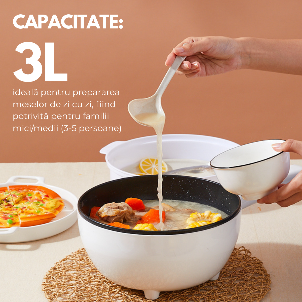 Tigaie Electrica Inteligenta, Multifunctionala, Capacitate 3L, Panou Control Digital, 1000W, Prajire, Fierbere, Sotare, Gatire la Aburi, Mentinerea Caldurii, Diametru 24 cm