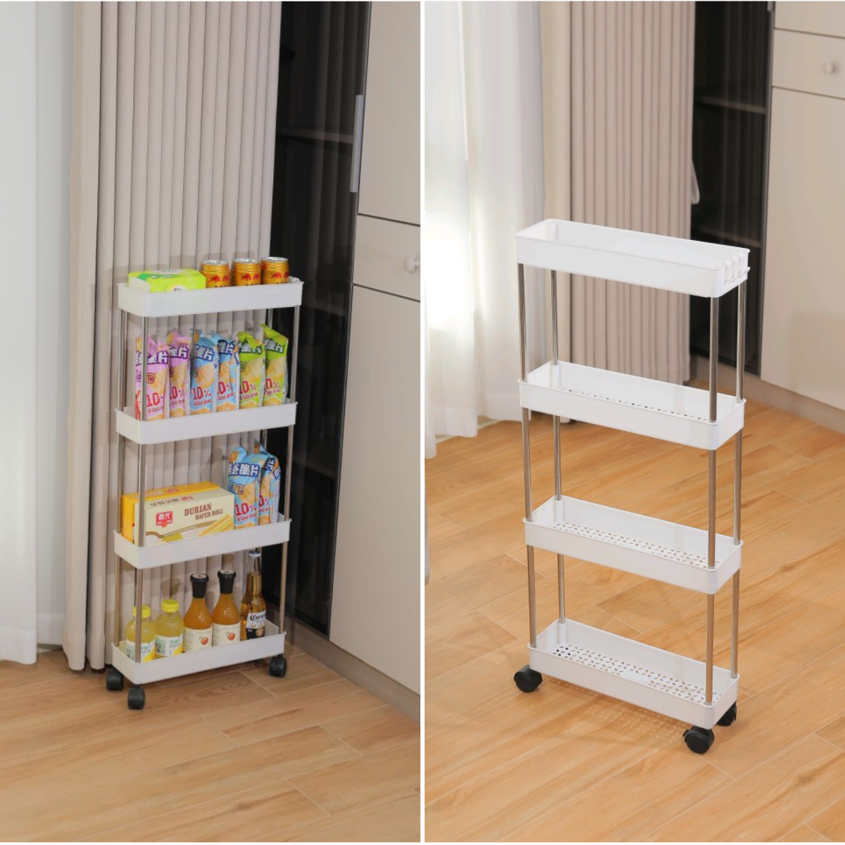 Raft Depozitare Mobil pentru Bucatarie/Baie, Modular pe 4 Niveluri, 4 Roti, 3 Carlige detasabile, pentru Organizarea Spatiilor Inguste, 40x13x87 cm