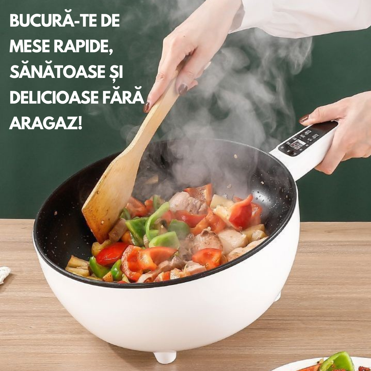 Tigaie Electrica Inteligenta, Multifunctionala, Capacitate 3L, Panou Control Digital, 1000W, Prajire, Fierbere, Sotare, Gatire la Aburi, Mentinerea Caldurii, Diametru 24 cm