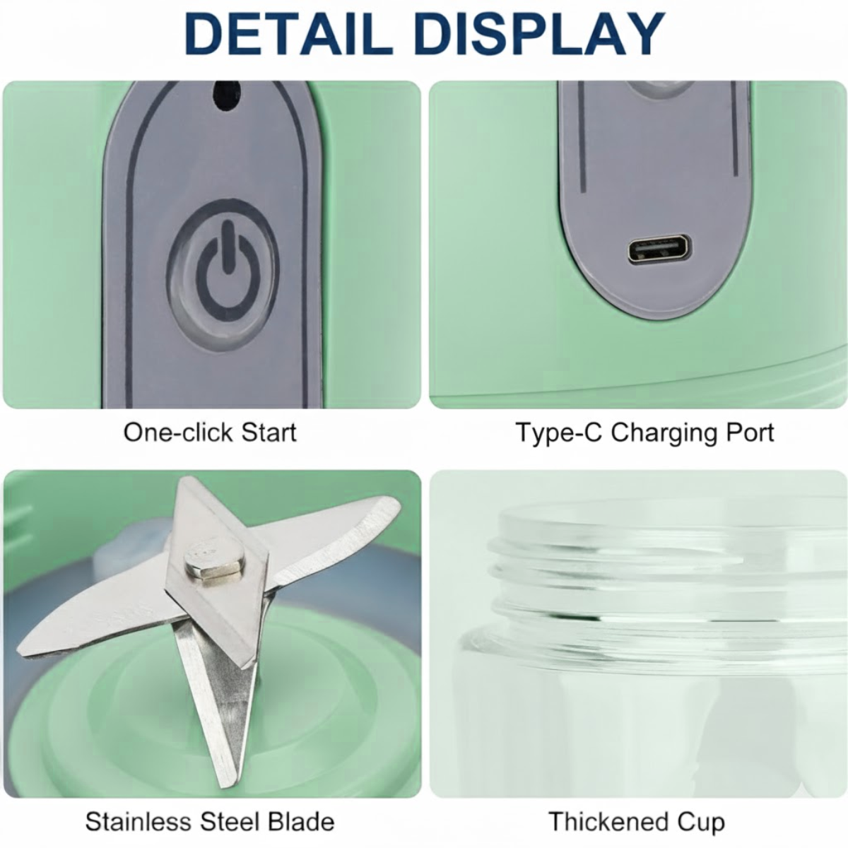 1 + 1 Blender Portabil, 2 Recipiente, Diferite culori, 400 ml, 6 Lame 3D, USB-C reincarcabil, 45W, Capac Inclus, Turcoaz