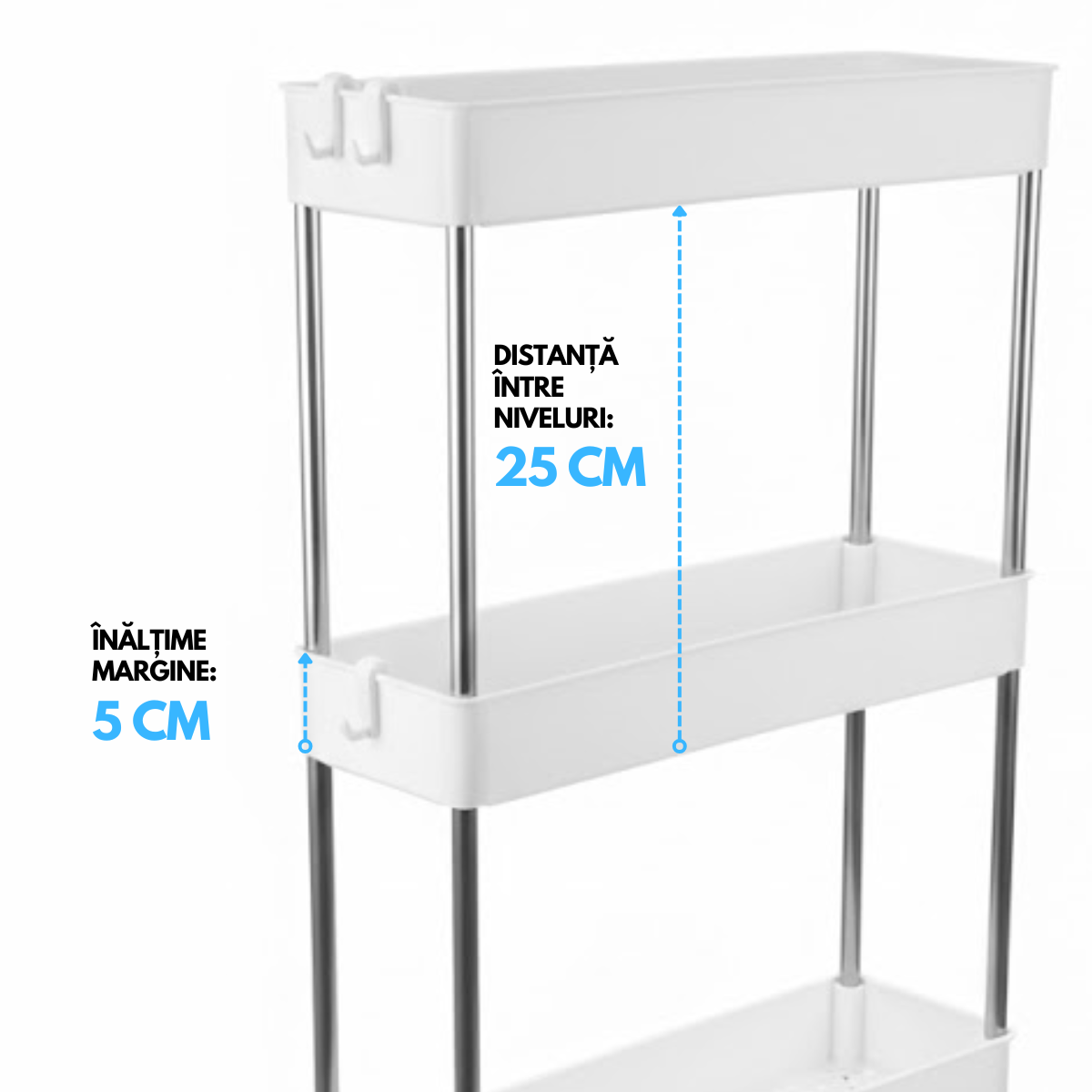 Raft Depozitare Mobil pentru Bucatarie/Baie, Modular pe 4 Niveluri, 4 Roti, 3 Carlige detasabile, pentru Organizarea Spatiilor Inguste, 40x13x87 cm