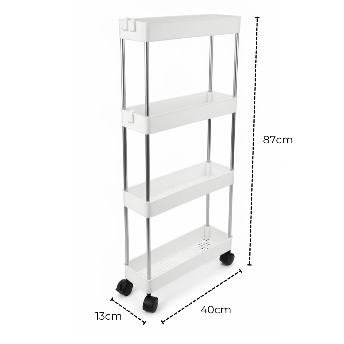 Raft Depozitare Mobil pentru Bucatarie/Baie, Modular pe 4 Niveluri, 4 Roti, 3 Carlige detasabile, pentru Organizarea Spatiilor Inguste, 40x13x87 cm