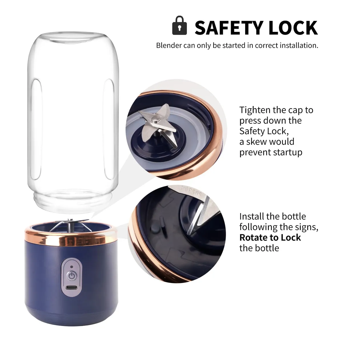 Blender Portabil, 2 Recipiente, 400 ml, 6 Lame 3D, USB-C reincarcabil, 45W, Capac Inclus, Bleumarin, easyCTRL®