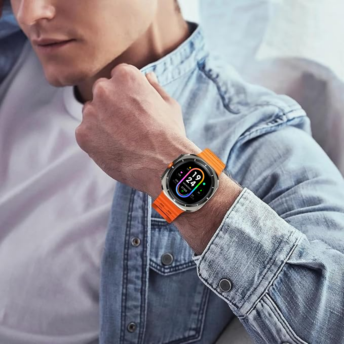 Ceas smartwatch de barbati, Ecran Tactil LCD 1.52", Apel Bluetooth, Multi Sport, Monitorizare Sanatate, Portocaliu