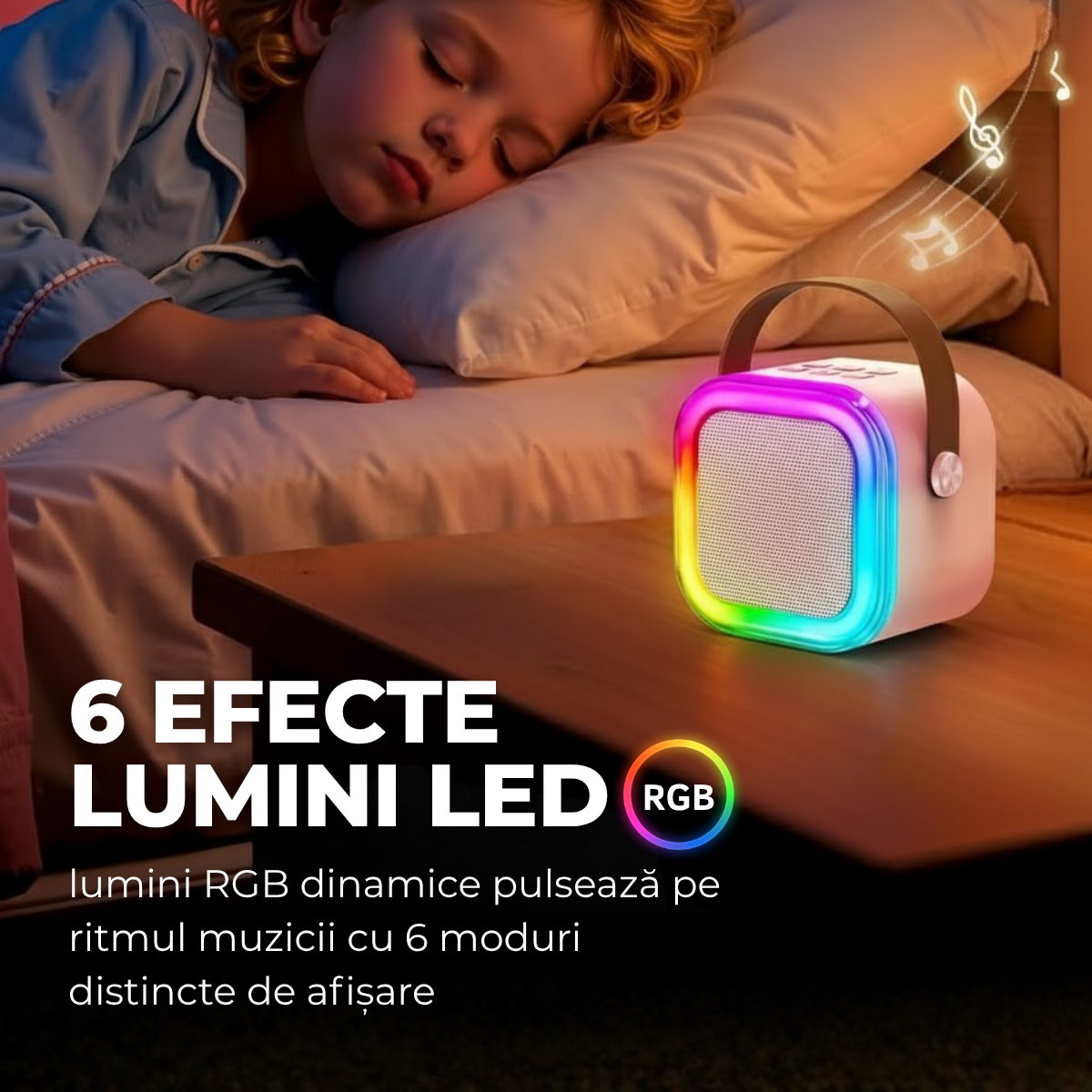 Set Karaoke cu Boxa Bluetooth si 2 Microfoane Wireless, Lumini LED RGB Dinamice, Incarcare Type-C, Port AUX, Slot Card TF, Roz, easyCTRL®