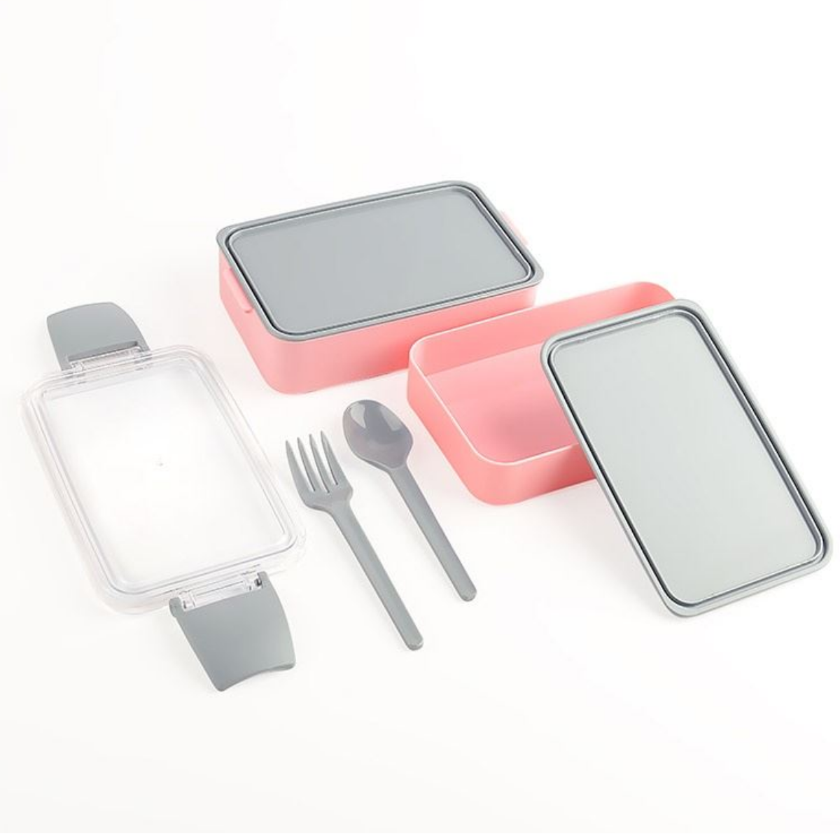 Caserola alimentara dubla cu tacamuri, 400ml + 500ml, Gri-Roz