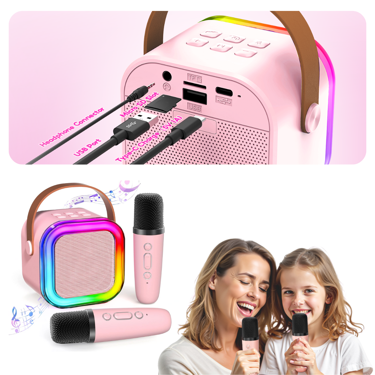 Set Karaoke cu Boxa Bluetooth si 2 Microfoane Wireless, Lumini LED RGB Dinamice, Incarcare Type-C, Port AUX, Slot Card TF, Roz, easyCTRL®