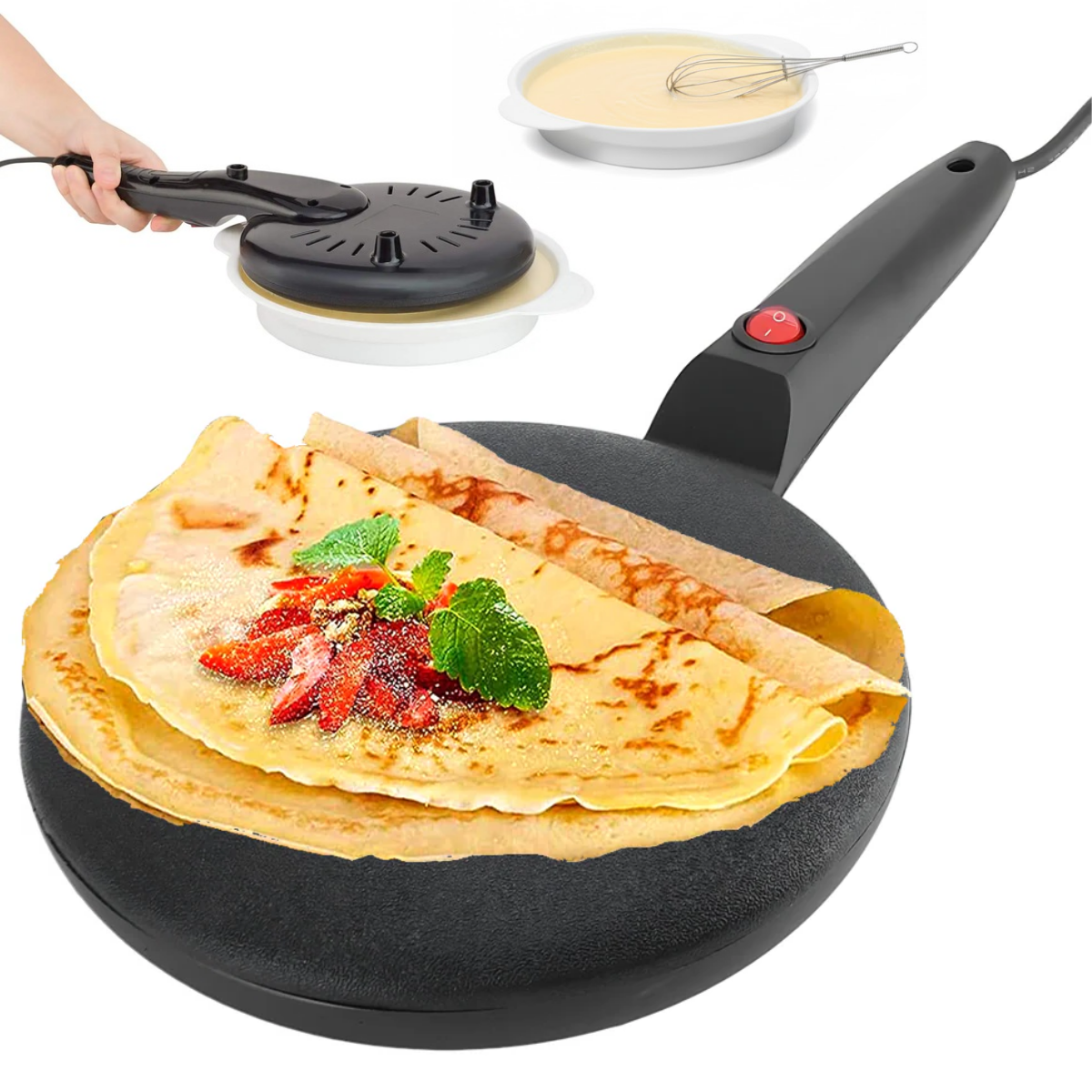 Tigaie Electrica pentru Clatite, Include Vas pentru Aluat si Mini Tel, 600W, Suprafata antiaderenta, Diametru 20cm