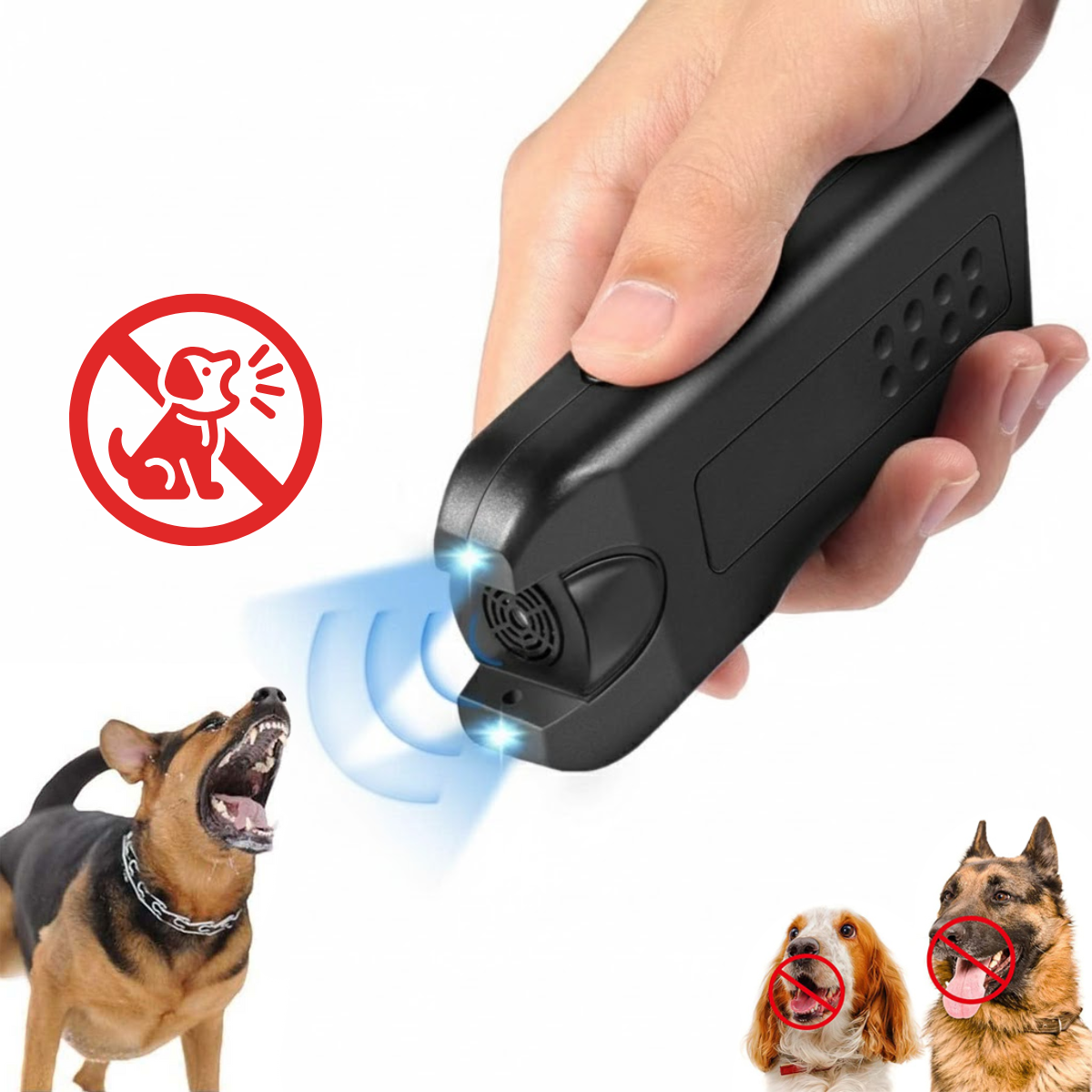 Aparat cu Ultrasunete impotriva cainilor agresivi, 3-in-1, Dresaj Anti-Latrat, Alungare Maidanezi, Lanterna LED, Raza Actiune 30m, Baterie inclusa