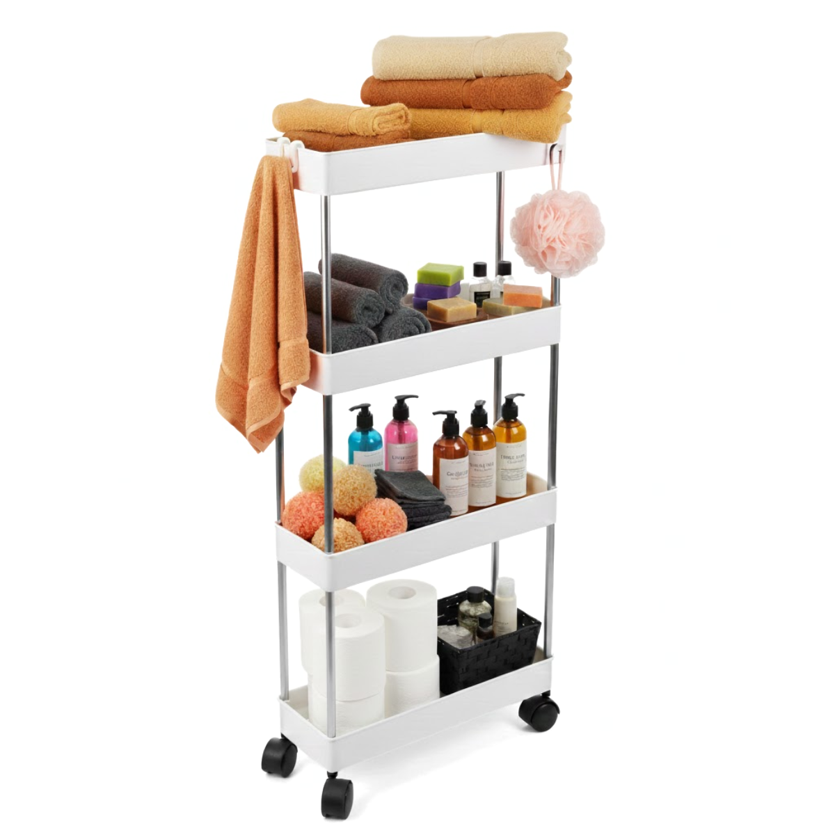 Raft Depozitare Mobil pentru Bucatarie/Baie, Modular pe 4 Niveluri, 4 Roti, 3 Carlige detasabile, pentru Organizarea Spatiilor Inguste, 40x13x87 cm